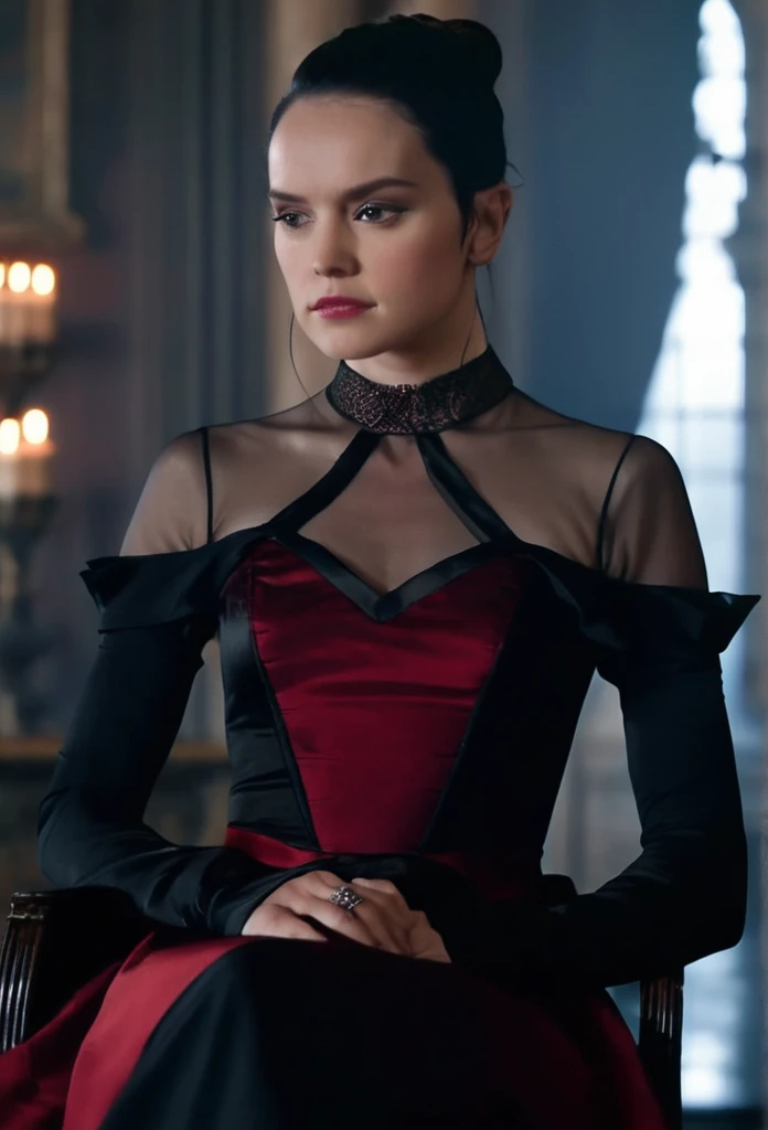 a meeting at a table with a clan of many aristocratic vampires in The mansion gothic vampire, with the actress Daisy Ridley in the main chair. With a biggest generous bust seductive female vampire wearing a tight, strapless red dress, with intricate black detailing. The dress is predominantly red and form-fitting, enhancing her curves. Black, sheer, transparent sleeves extend into gloves, adding a gothic elegance. The Giant bust area features a black detail that resembles a bra, and above her generous cleavage, there's a black, transparent triangle of fabric, connecting to a sleek black choker around her neck. This choker links to the black sheer sleeves, forming a cohesive design. The deep, plunging neckline accentuates her voluptuous figure, with the red fabric accentuates her sensuality, and the black details adding a gothic flair. Set in a dark, mysterious gothic castle or haunted mansion, with soft, cinematic lighting that highlights every texture and shadow of her outfit, Ultra-realistic, highly detailed, with a focus on the contrast of the bold red dress and the sheer black elements . 4K resolution, gothic atmosphere, dramatic and elegant