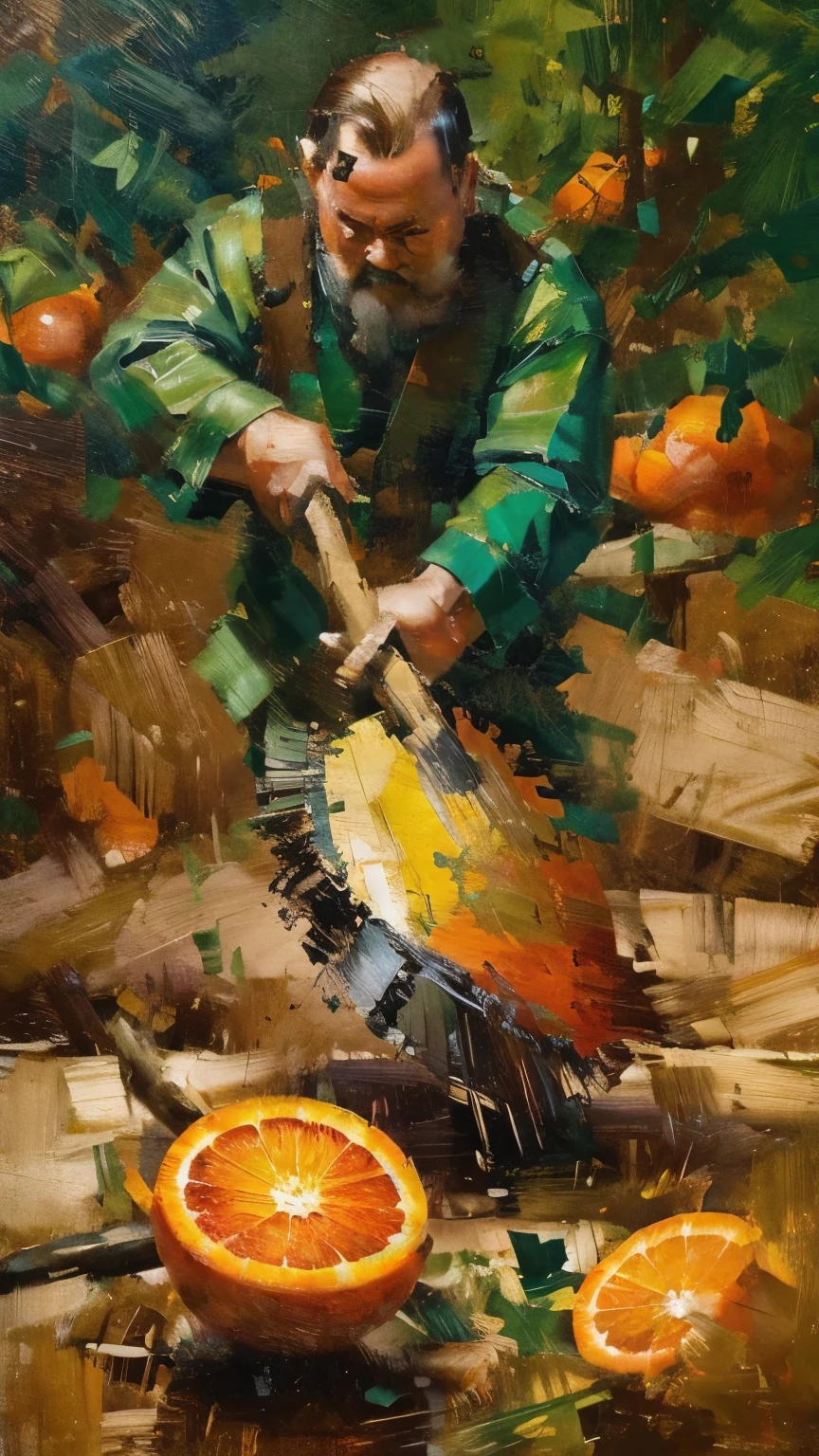 An abstract representation of a faceless figure swinging an axe, surrounded by swirling patterns of rich browns, deep greens, and vibrant oranges. The motion of the axe is depicted through dynamic, flowing brushstrokes that capture the energy and rhythm of the act. Wood chips scatter around in a flurry of bright colors, symbolizing the fruits of consistent labor. The background is filled with heavy, dark strokes that represent the challenges and weight of the task, contrasting with the lively, energetic colors of the wood being chopped, illustrating the philosophical idea that persistent effort leads to tangible outcomes.