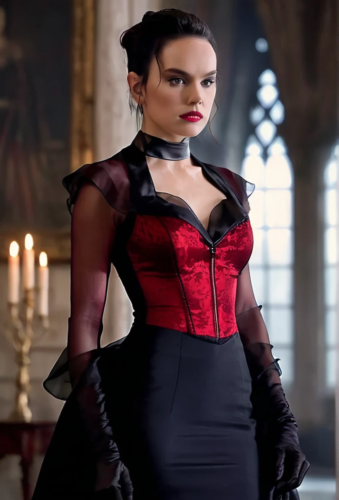 a meeting at a table with a clan of many aristocratic vampires in The mansion gothic vampire, with the actress Daisy Ridley in the main chair. With a biggest generous bust seductive female vampire wearing a tight, strapless red dress, with intricate black detailing. The dress is predominantly red and form-fitting, enhancing her curves. Black, sheer, transparent sleeves extend into gloves, adding a gothic elegance. The Giant bust area features a black detail that resembles a bra, and above her generous cleavage, there's a black, transparent triangle of fabric, connecting to a sleek black choker around her neck. This choker links to the black sheer sleeves, forming a cohesive design. The deep, plunging neckline accentuates her voluptuous figure, with the red fabric accentuates her sensuality, and the black details adding a gothic flair. Set in a dark, mysterious gothic castle or haunted mansion, with soft, cinematic lighting that highlights every texture and shadow of her outfit, Ultra-realistic, highly detailed, with a focus on the contrast of the bold red dress and the sheer black elements . 4K resolution, gothic atmosphere, dramatic and elegant