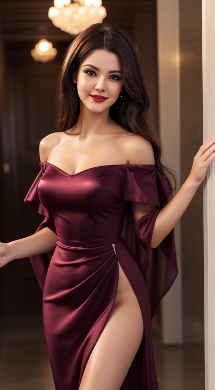 realistic, Plum half-opened off-shoulder seethrough dress , slim body, narrow waist, Plano completo, medium chest {masterpiece}, {The best quality}, {High Resolutions}, {cinematic lighting}, sexy body, Detailed skin, red lips, long brown hair, full body, sonrisa realistic, Long black hair