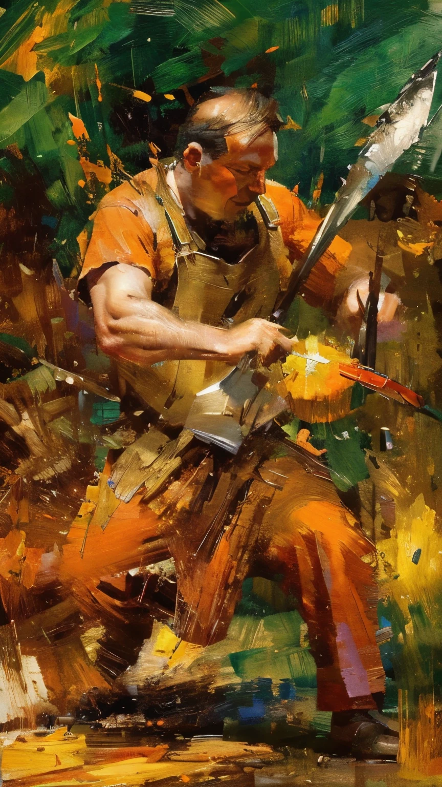 An abstract representation of a faceless figure swinging an axe, surrounded by swirling patterns of rich browns, deep greens, and vibrant oranges. The motion of the axe is depicted through dynamic, flowing brushstrokes that capture the energy and rhythm of the act. Wood chips scatter around in a flurry of bright colors, symbolizing the fruits of consistent labor. The background is filled with heavy, dark strokes that represent the challenges and weight of the task, contrasting with the lively, energetic colors of the wood being chopped, illustrating the philosophical idea that persistent effort leads to tangible outcomes.