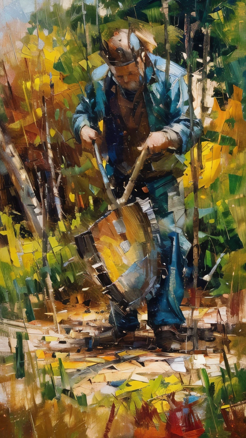 A faceless figure stands amidst a swirling landscape of abstract trees and chopped wood, depicted through bold, expressive brushstrokes in a mix of earthy tones and bright hues. The axe is raised high, with vibrant strokes radiating from the point of impact, signifying the force and dedication behind each chop. The ground is a mosaic of chopped wood pieces, painted in a spectrum of colors that reflect the varying emotions associated with hard work. The background is a blend of soft and chaotic patterns, symbolizing the inner struggle and commitment required to persist in one's labor, embodying the philosophical concept of dedication and the journey of creation through effort.