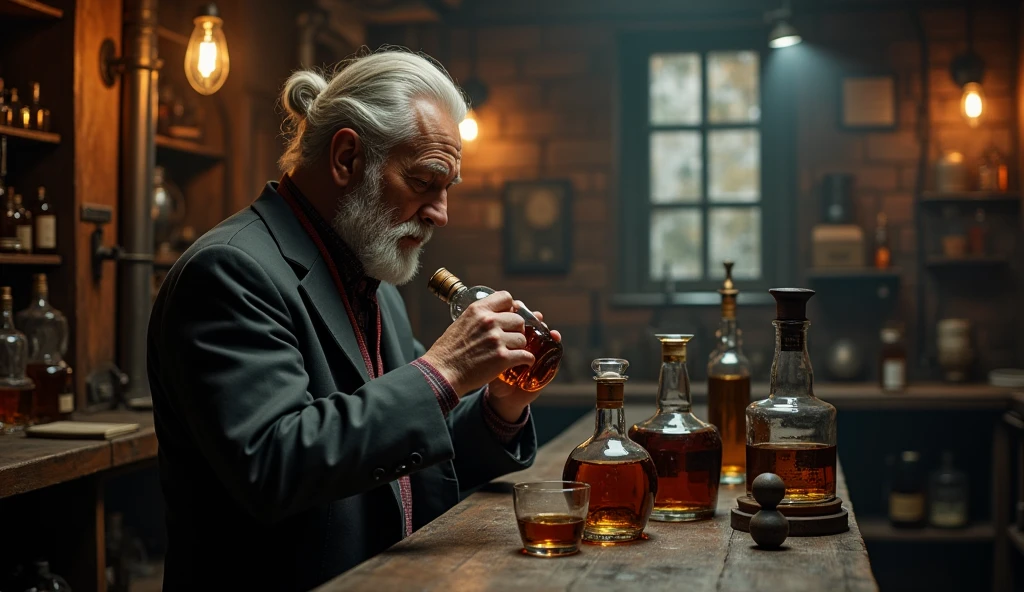barkeep, 1boy, old, old man, short hair, white hair, drinking glass, bar (place), looking at viewer, fire, bowl, blurry background, depth of field, realistic
