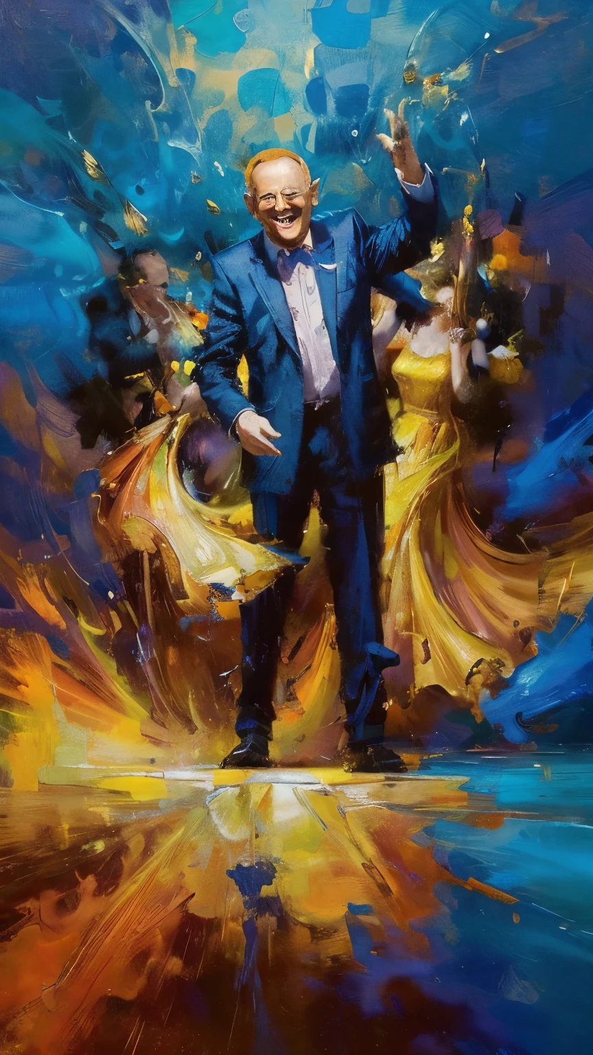 An abstract representation of a faceless figure in a suit, joyfully laughing amidst a swirling tempest of colors. The figure's laughter radiates vibrant waves of yellows and oranges, contrasting sharply with the chaotic background filled with darker shades—blues and purples—representing the whispers and judgments of others. The swirling patterns around the figure suggest turbulence and unrest, yet the light and warmth of the figure’s laughter pierce through, symbolizing resilience and joy in the face of adversity. This composition conveys the philosophical notion that true happiness can thrive despite external negativity.