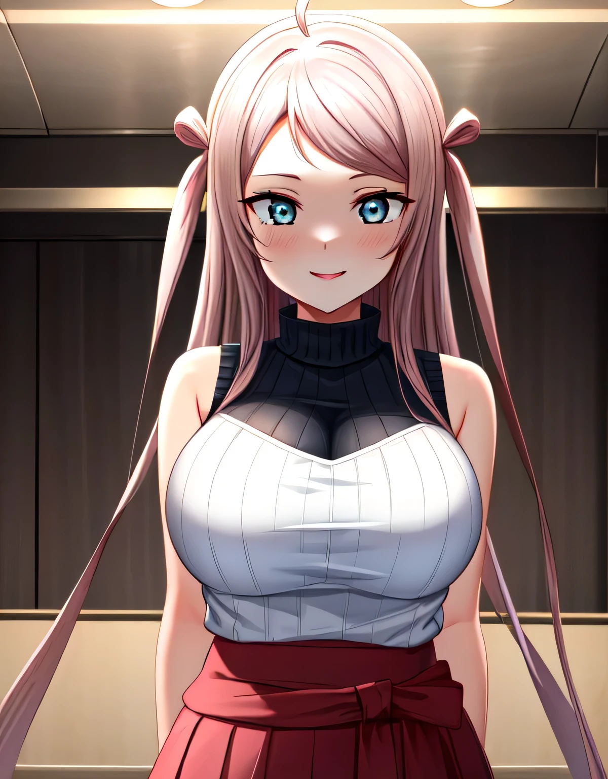 zhong lanzhu,long hair,bangs,(blue eyes),pink hair,ahoge,sidelocks,two side up,indoor room,light smile,sleeveless ribbed sweater,skirt,(large breasts:1.55),(shiny hair),((solo)),((masterpiece)),((best quality)),perfect anatomy,slim waist,perfect image,8k UHD,(beautiful detailed eyes:1.5),extremely detailed face,standing,(upper body:1.2),(look at the front:1.5),ultra-detailed,absurdres,ultra-highres,arms behind back,blush,