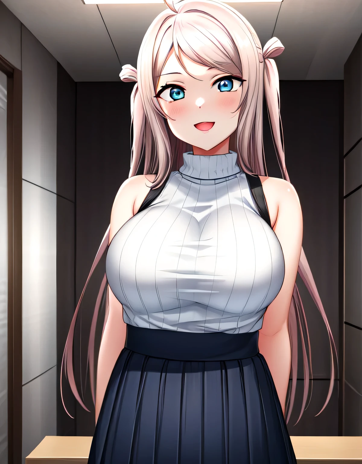 zhong lanzhu,long hair,bangs,(blue eyes),pink hair,ahoge,sidelocks,two side up,indoor room,light smile,sleeveless ribbed sweater,skirt,(large breasts:1.55),(shiny hair),((solo)),((masterpiece)),((best quality)),perfect anatomy,slim waist,perfect image,8k UHD,(beautiful detailed eyes:1.5),extremely detailed face,standing,(upper body:1.2),(look at the front:1.5),ultra-detailed,absurdres,ultra-highres,arms behind back,blush,