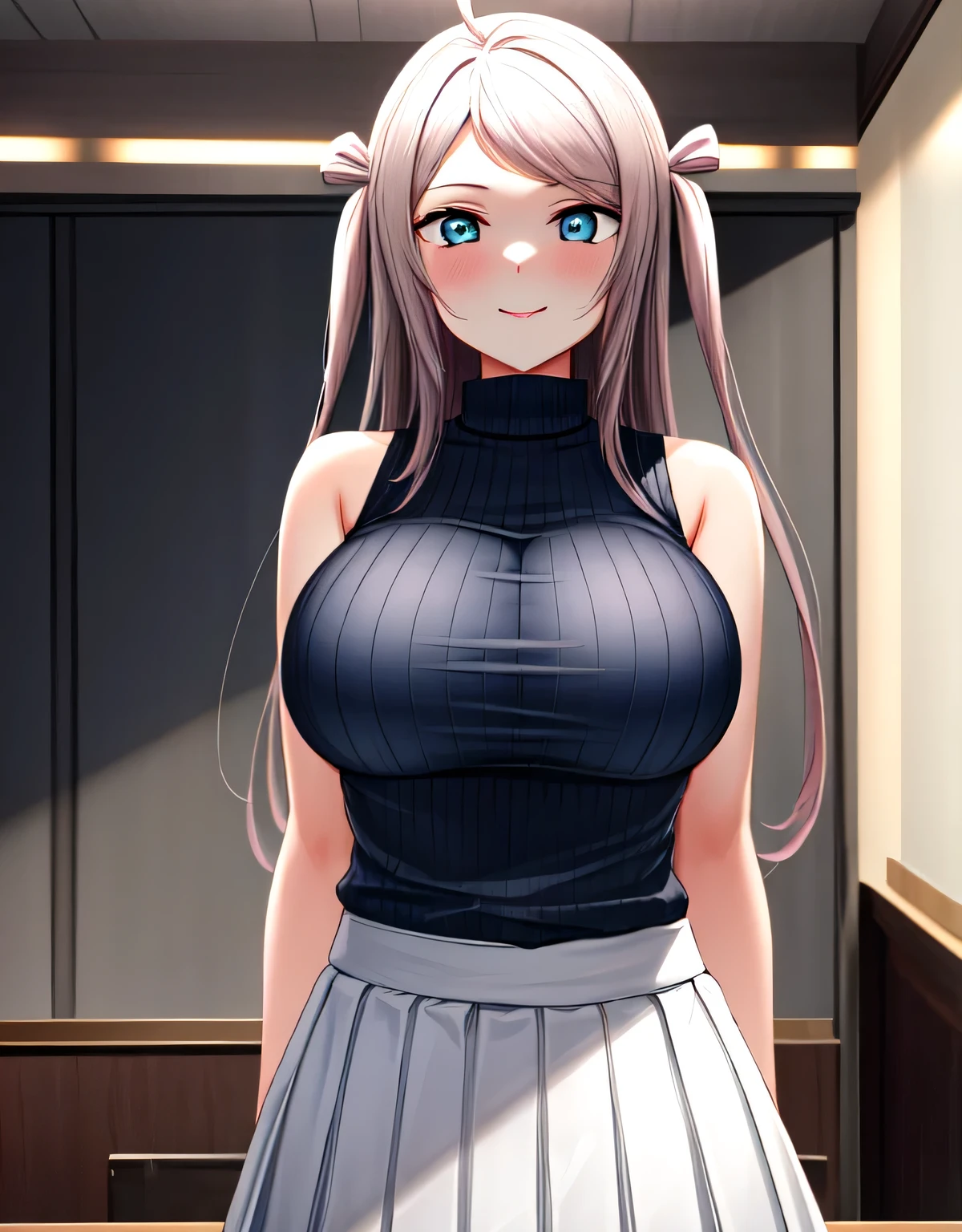 zhong lanzhu,long hair,bangs,(blue eyes),pink hair,ahoge,sidelocks,two side up,indoor room,light smile,sleeveless ribbed sweater,skirt,(large breasts:1.55),(shiny hair),((solo)),((masterpiece)),((best quality)),perfect anatomy,slim waist,perfect image,8k UHD,(beautiful detailed eyes:1.5),extremely detailed face,standing,(upper body:1.2),(look at the front:1.5),ultra-detailed,absurdres,ultra-highres,arms behind back,blush,