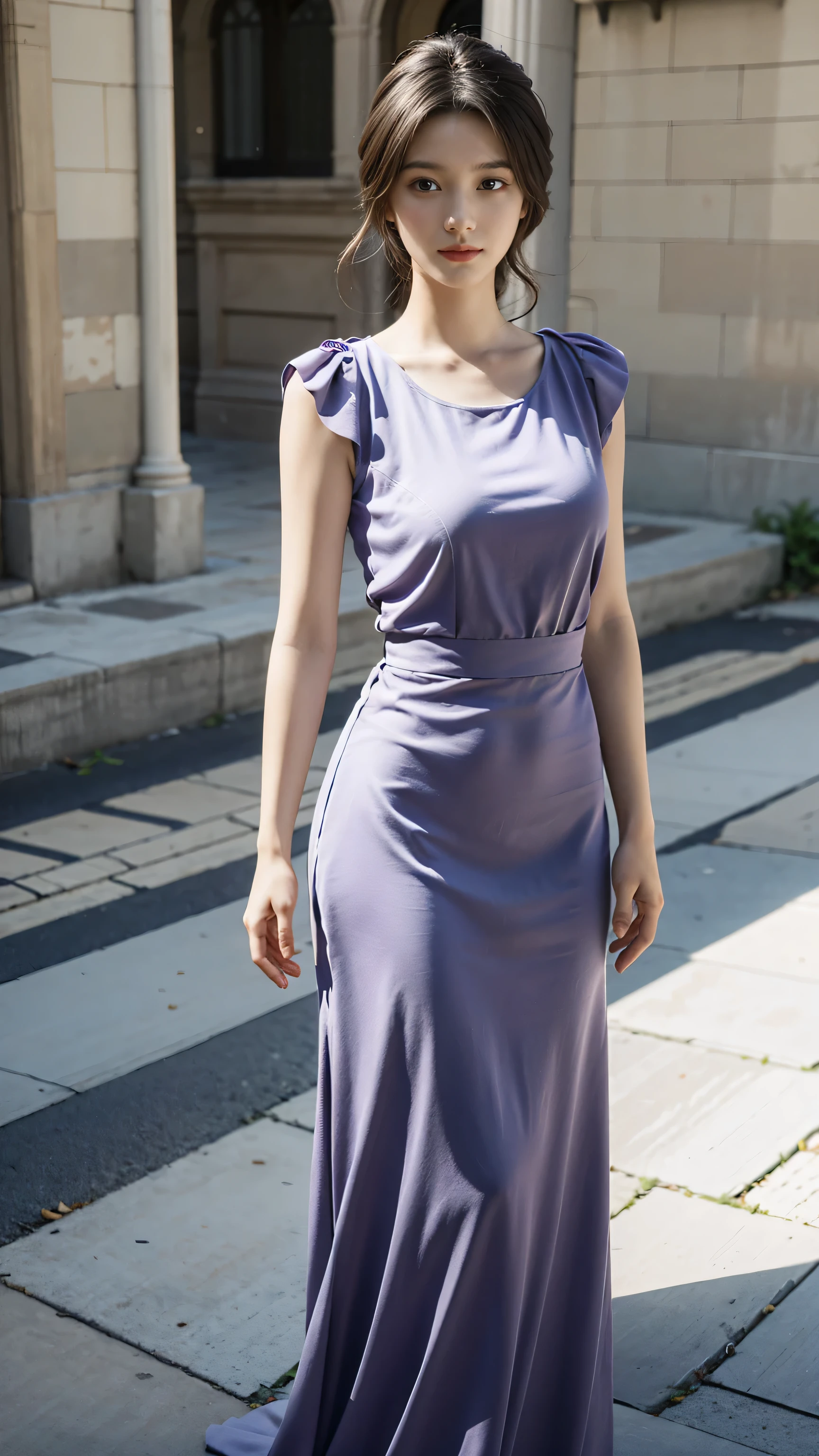 masterpiece,best quality,(photorealistic:1.4),1girl,full body,pure background,characters are full of composition,big breasts,light purple dress