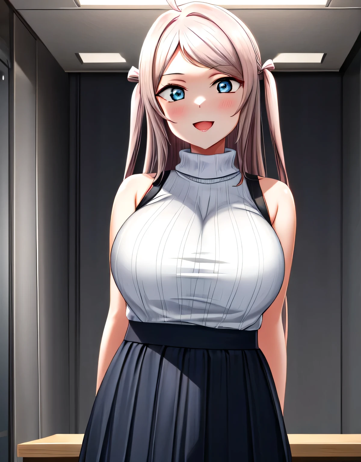 zhong lanzhu,long hair,bangs,(blue eyes),pink hair,ahoge,sidelocks,two side up,indoor room,light smile,sleeveless ribbed sweater,skirt,(large breasts:1.55),(shiny hair),((solo)),((masterpiece)),((best quality)),perfect anatomy,slim waist,perfect image,8k UHD,(beautiful detailed eyes:1.5),extremely detailed face,standing,(upper body:1.2),(look at the front:1.5),ultra-detailed,absurdres,ultra-highres,arms behind back,blush,