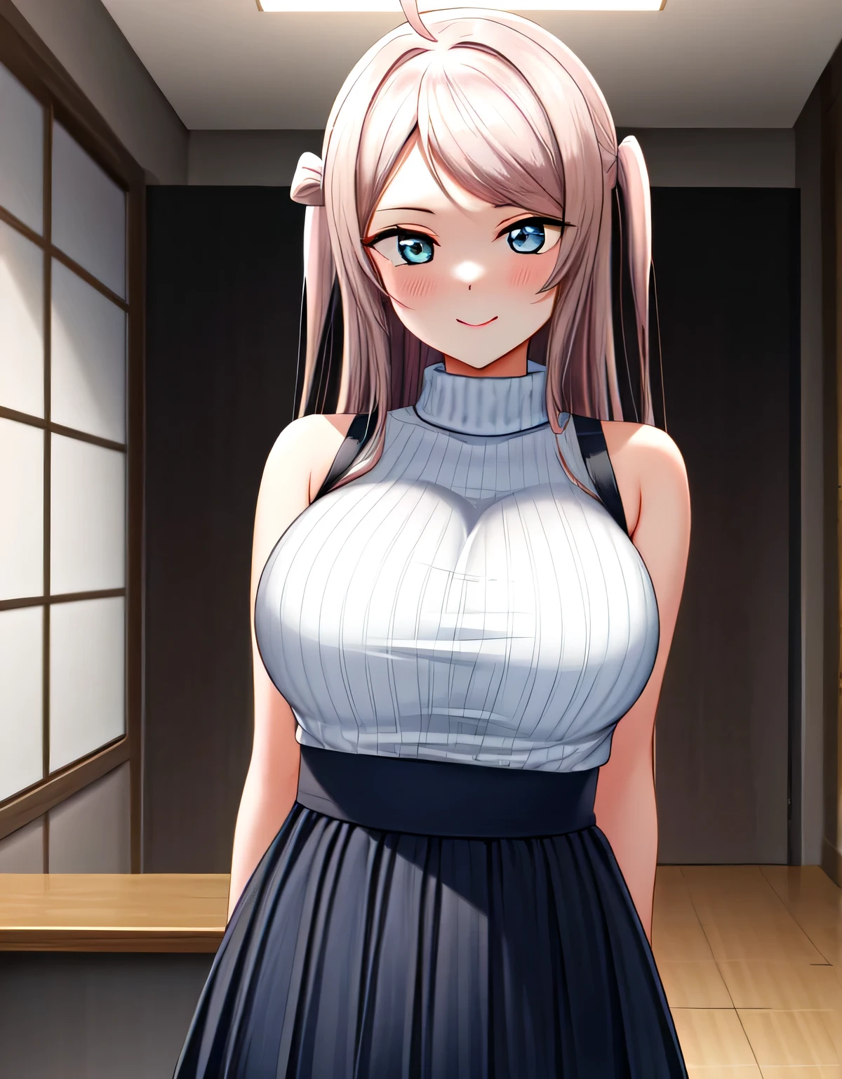 zhong lanzhu,long hair,bangs,(blue eyes),pink hair,ahoge,sidelocks,two side up,indoor room,light smile,sleeveless ribbed sweater,skirt,(large breasts:1.55),(shiny hair),((solo)),((masterpiece)),((best quality)),perfect anatomy,slim waist,perfect image,8k UHD,(beautiful detailed eyes:1.5),extremely detailed face,standing,(upper body:1.2),(look at the front:1.5),ultra-detailed,absurdres,ultra-highres,arms behind back,blush,