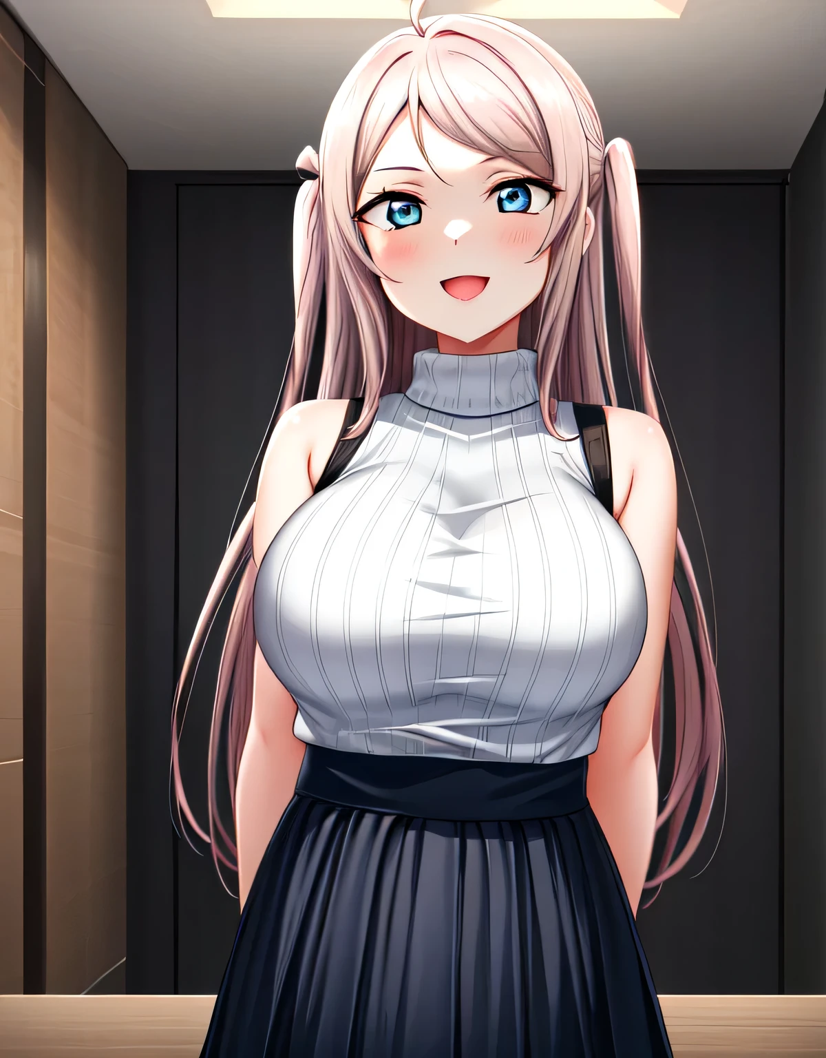 zhong lanzhu,long hair,bangs,(blue eyes),pink hair,ahoge,sidelocks,two side up,indoor room,light smile,sleeveless ribbed sweater,skirt,(large breasts:1.55),(shiny hair),((solo)),((masterpiece)),((best quality)),perfect anatomy,slim waist,perfect image,8k UHD,(beautiful detailed eyes:1.5),extremely detailed face,standing,(upper body:1.2),(look at the front:1.5),ultra-detailed,absurdres,ultra-highres,arms behind back,blush,