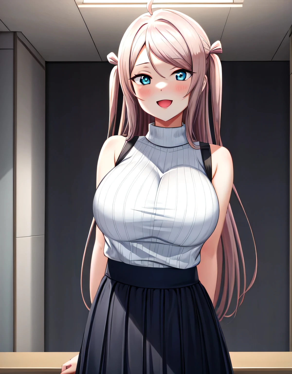 zhong lanzhu,long hair,bangs,(blue eyes),pink hair,ahoge,sidelocks,two side up,indoor room,light smile,sleeveless ribbed sweater,skirt,(large breasts:1.55),(shiny hair),((solo)),((masterpiece)),((best quality)),perfect anatomy,slim waist,perfect image,8k UHD,(beautiful detailed eyes:1.5),extremely detailed face,standing,(upper body:1.2),(look at the front:1.5),ultra-detailed,absurdres,ultra-highres,arms behind back,blush,