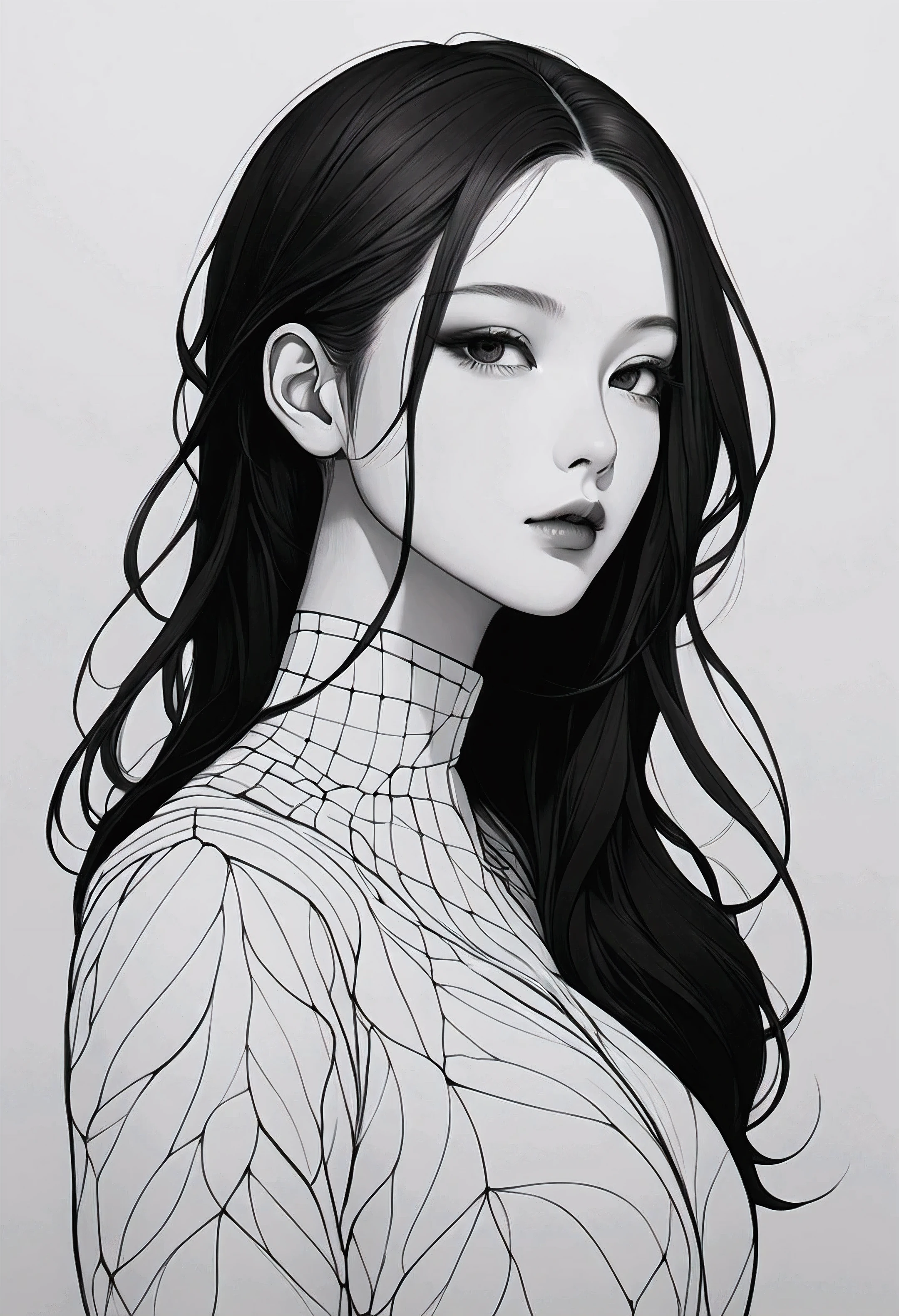 master piece:1.5、(minimal art, line drawing), woman、Black and white art:1.2、lips are red、Black and white world、silence、An ennui look、Densely drawn