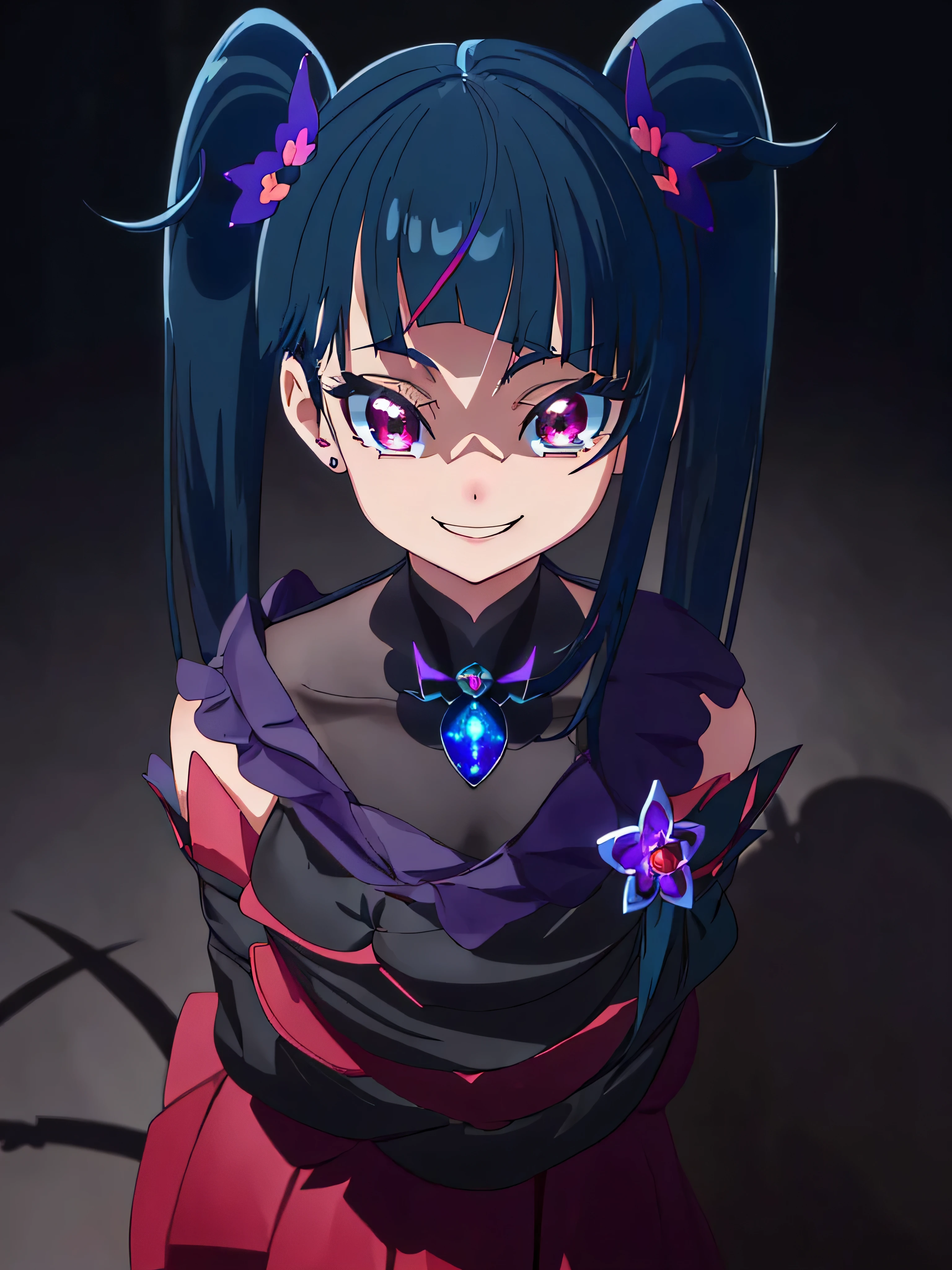 Best Quality, Very detailed,One Girl, alone, {cure_null_hirogarunullprecure:1.15}, Dark Blue Hair, red eye, Flames in the eyes, Long Hair, Twin tails, Magical Girl, bangs, Open your mouth, Redhead, multicoloRedhead, One Girl, blunt bangs, Darken your clothes, Hair Accessories, Evil smile, devilish aura (Shiny fabric:1.5), Full Body Shot, Purple Gemstone, Charming, , (Beautiful attention to detail:1.6), Very detailed顔, Perfect lighting, Very detailedなCG, (Perfect hands, Perfect Anatomy), devil, black color scheme, Shiny material, Green, Black ribbon, black satin gloves, Evil clover leaf decoration, Black frills, jewelry, corruption, Latex gloss, Black Gothic Cape, Evil smile,(A spooky world)))), (((A world of fear))) ,((masterpiece)), ((Best Quality)), ((Very detailed)), (shape), ((Very delicate and beautiful)), , cloudy null, CG Style, One-sided black wing,Dark Shadow Face,Sadistic smile,Malice,Contempt,smile,black,Perfect hands,Perfect body,Shiny Latex Elbow Full Gloves,Perfect Face,A somewhat crazy smile and a powerful black aura,（Dark and scary atmosphere,Gothic Fashion,Dark colors）,(Shrouded in darkness, black background, shadow, Extreme darkness:2.0),Dark Energy