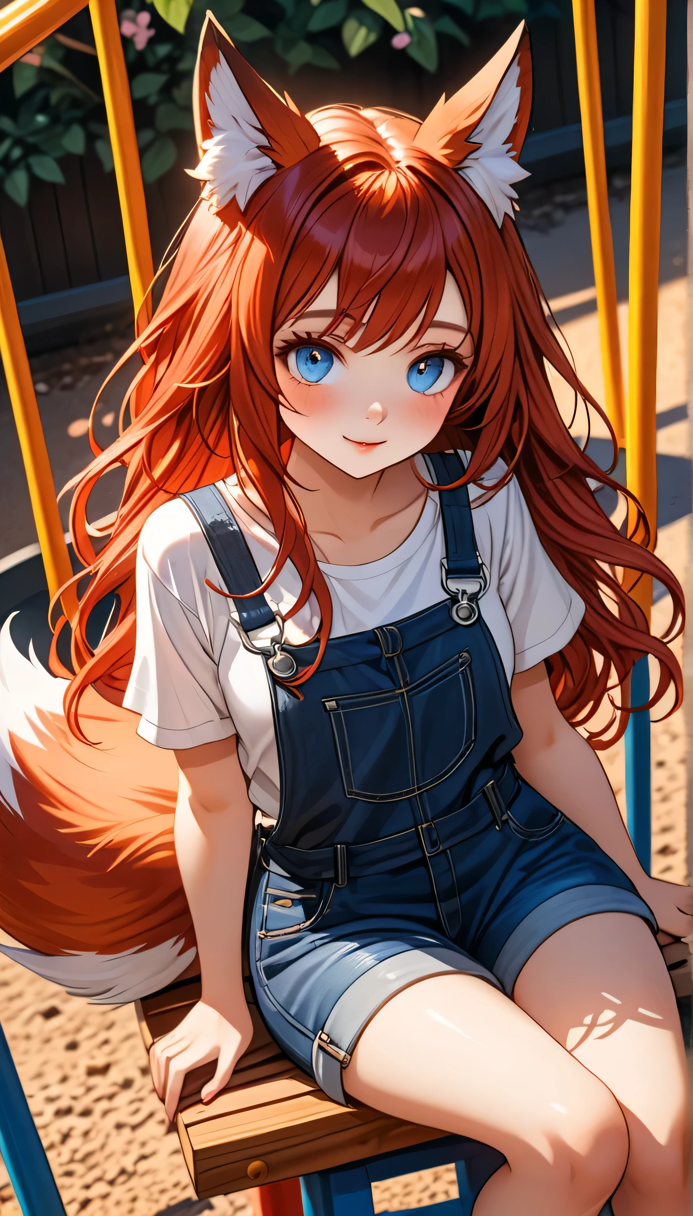 Ultra 8k, HDR, Best quality, Masterpiece, Highly detailed, Best AI technology Detailed lighting and shadows, detailed surroundings, perfect face, perfect body, perfect hands, realistic textures, Balanced colors, Playful and sweet expression, precisely anatomy, Harmonious background elements, no distractionsA sweet and loving 2 fox girl with fox ears and a fox tail. She has radiant blue eyes and long, flowing red hair. Her personality is harmonious and affectionate, which reflects in her soft, gentle expression. She is wearing a stylish denim overall with a white t-shirt underneath and black high heels, creating a perfect blend of casual and chic. She is on a playground, sitting or standing near the swings, surrounded by vibrant, playful colors. The setting is cheerful and warm, complementing her friendly nature. Her hair is unique, flowing beautifully, with subtle makeup that enhances her natural beauty and complements her outfit perfectly. The playground background is filled with joyful elements like swings, slides, and greenery, adding to the playful and harmonious atmosphere. (quality: 10, detail: 10, background detail: 10, Masterpiece 1.4, Ultra-detailed, High resolution, Photorealistic, Intricate details, Sharp focus, Vivid colors, Professional lighting, Highly detailed, Cinema quality, Beautiful composition)