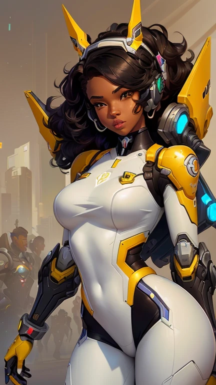 1girl, africana, pele negra, mecha, cidade, corpo inteiro, flutuando, pov, de cima, armadura de poder, dinamic pose,