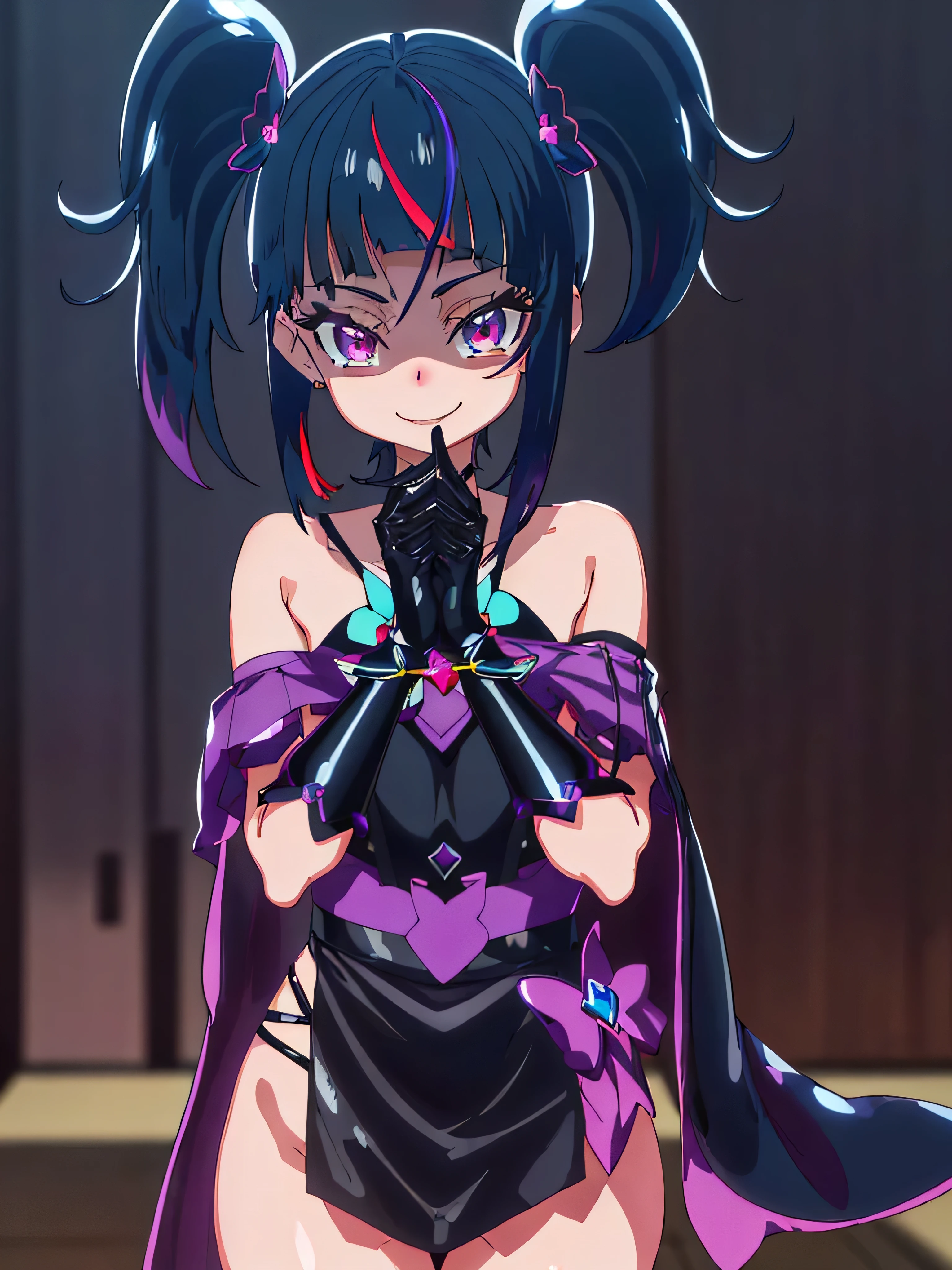 Best Quality, Very detailed,One Girl, alone, {cure_null_hirogarunullprecure:1.15}, Dark Blue Hair, red eye, Flames in the eyes, Long Hair, Twin tails, Magical Girl, bangs, Open your mouth, Redhead, multicoloRedhead, One Girl, blunt bangs, Darken your clothes, Hair Accessories, Evil smile, devilish aura (Shiny fabric:1.5), Full Body Shot, Purple Gemstone, Charming, , (Beautiful attention to detail:1.6), Very detailed顔, Perfect lighting, Very detailedなCG, (Perfect hands, Perfect Anatomy), devil, black color scheme, Shiny material, Green, Black ribbon, black satin gloves, Evil clover leaf decoration, Black frills, jewelry, corruption, Latex gloss, Black Gothic Cape, Evil smile,(A spooky world)))), (((A world of fear))) ,((masterpiece)), ((Best Quality)), ((Very detailed)), (shape), ((Very delicate and beautiful)), , cloudy null, CG Style, One-sided black wing,Dark Shadow Face,Sadistic smile,Malice,Contempt,smile,black,Perfect hands,Perfect body,Shiny Latex Elbow Full Gloves,Perfect Face,A somewhat crazy smile and a powerful black aura,（Dark and scary atmosphere,Gothic Fashion,Dark colors）,(Shrouded in darkness, black background, shadow, Extreme darkness:2.0),Dark Energy