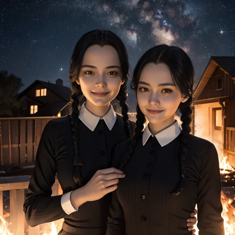 Two  women. In front of a burning house). (8k) .(Night)  .starrysky. Selfee. Standing. wednesday_addams, black .smile. 