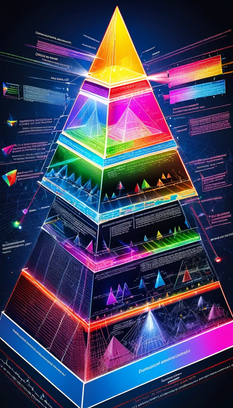 pyramid and its development diagram drawn with vivid and colorful laser beams, 