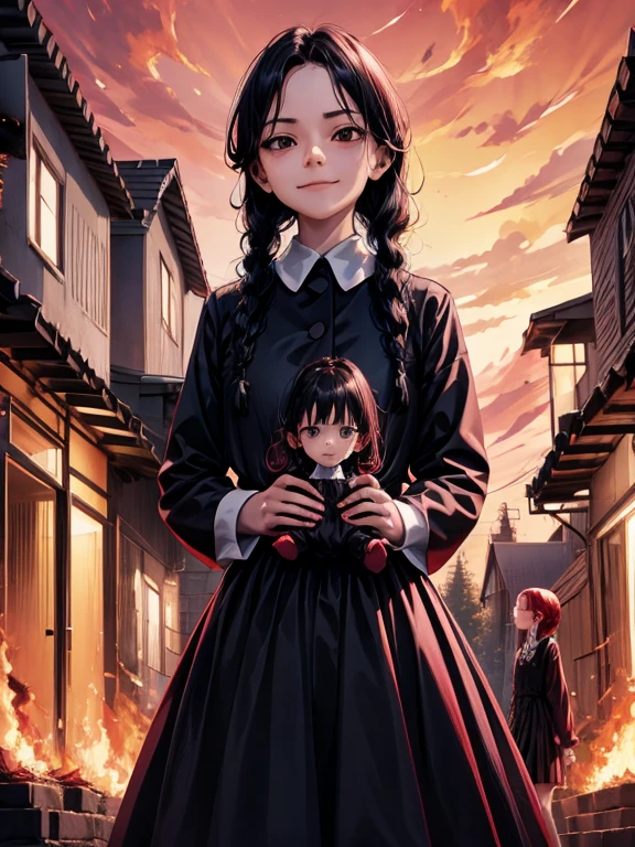 Two  women. In front of a burning house). (8k) .(Night)  .red sky. Selfee. Standing. wednesday_addams, black .smile. 