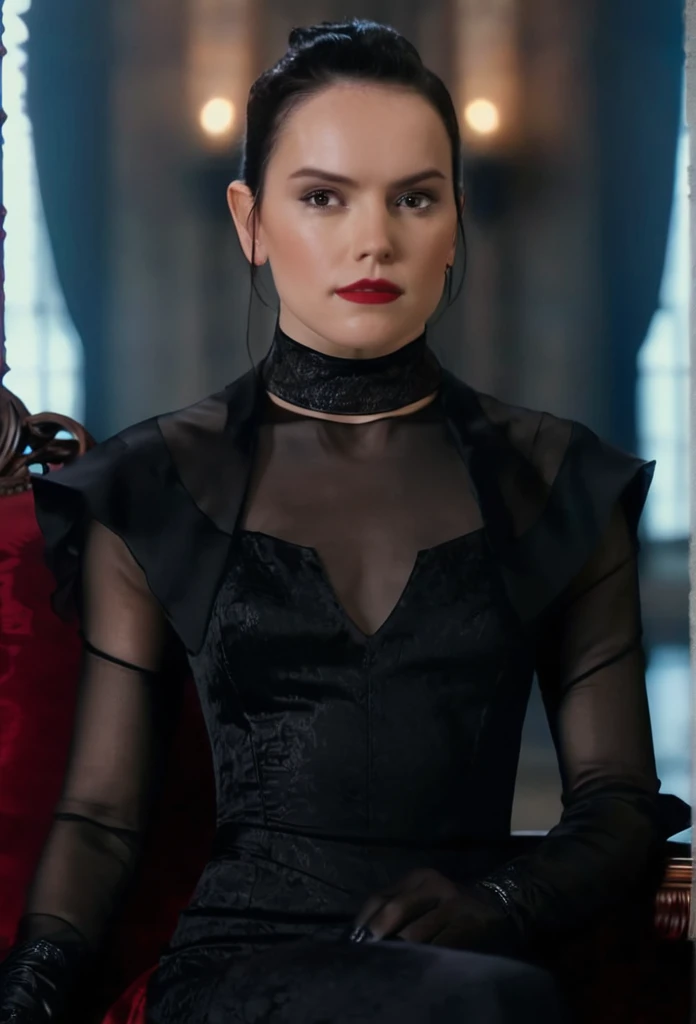 a meeting at a table with a clan of many aristocratic vampires in The mansion gothic vampire, with the actress Daisy Ridley in the main chair. With a biggest generous bust seductive female vampire wearing a tight, strapless red dress, with intricate black detailing. The dress is predominantly red and form-fitting, enhancing her curves. Black, sheer, transparent sleeves extend into gloves, adding a gothic elegance. The Giant bust area features a black detail that resembles a bra, and above her generous cleavage, there's a black, transparent triangle of fabric, connecting to a sleek black choker around her neck. This choker links to the black sheer sleeves, forming a cohesive design. The deep, plunging neckline accentuates her voluptuous figure, with the red fabric accentuates her sensuality, and the black details adding a gothic flair. Set in a dark, mysterious gothic castle or haunted mansion, with soft, cinematic lighting that highlights every texture and shadow of her outfit, Ultra-realistic, highly detailed, with a focus on the contrast of the bold red dress and the sheer black elements . 4K resolution, gothic atmosphere, dramatic and elegant