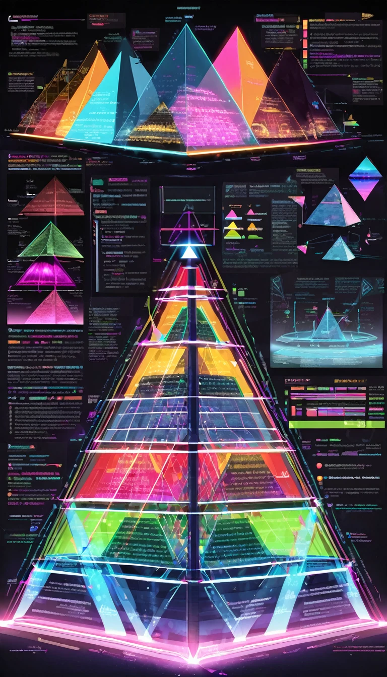 pyramid and its development diagram drawn with vivid and colorful laser beams, 