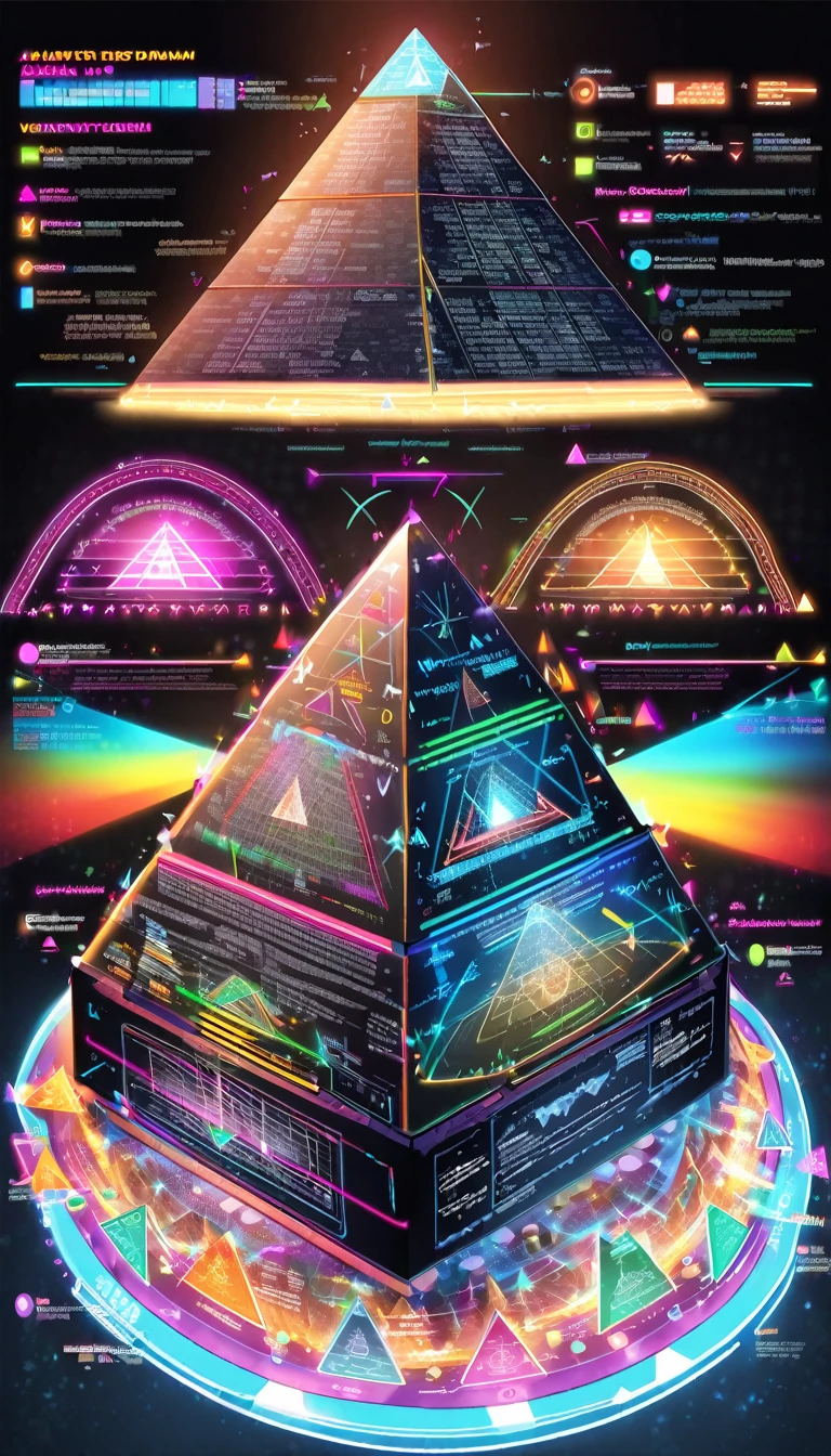 pyramid and its development diagram drawn with vivid and colorful laser beams, 