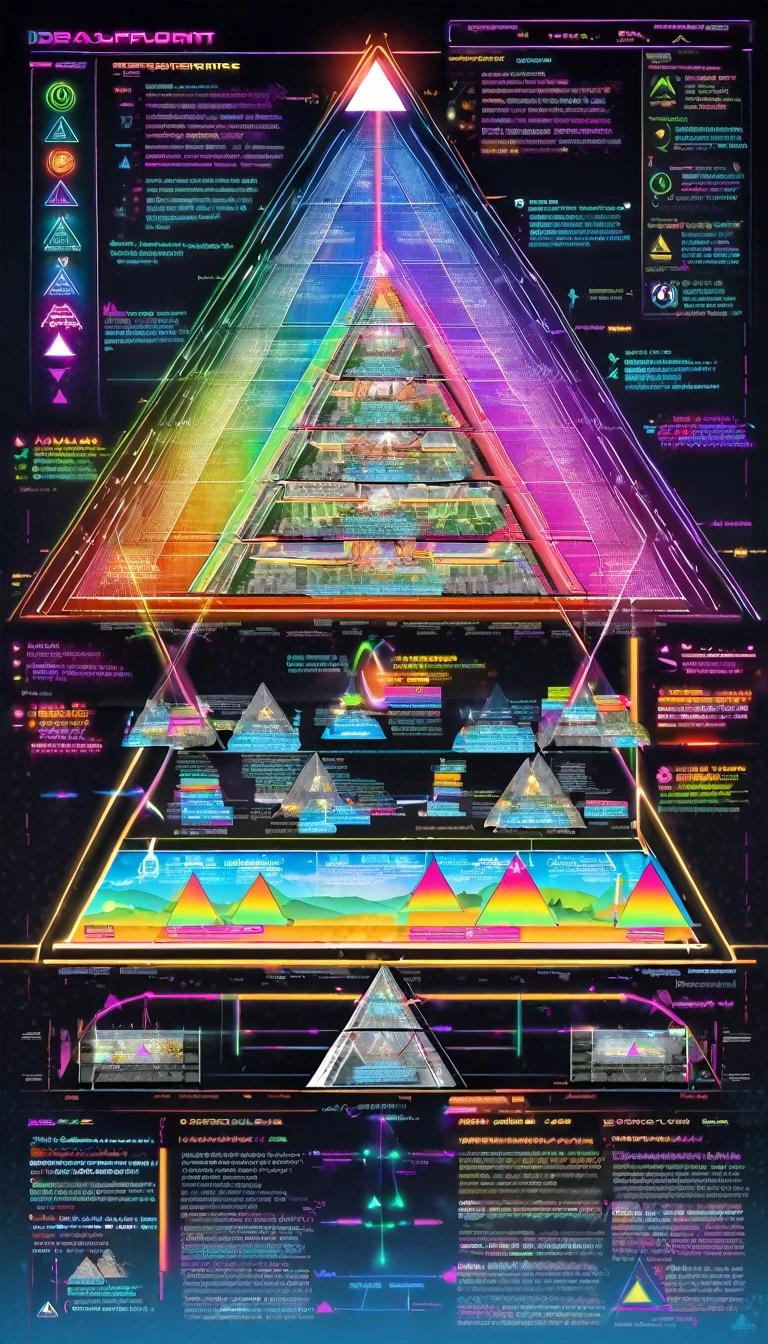 pyramid and its development diagram drawn with vivid and colorful laser beams, 