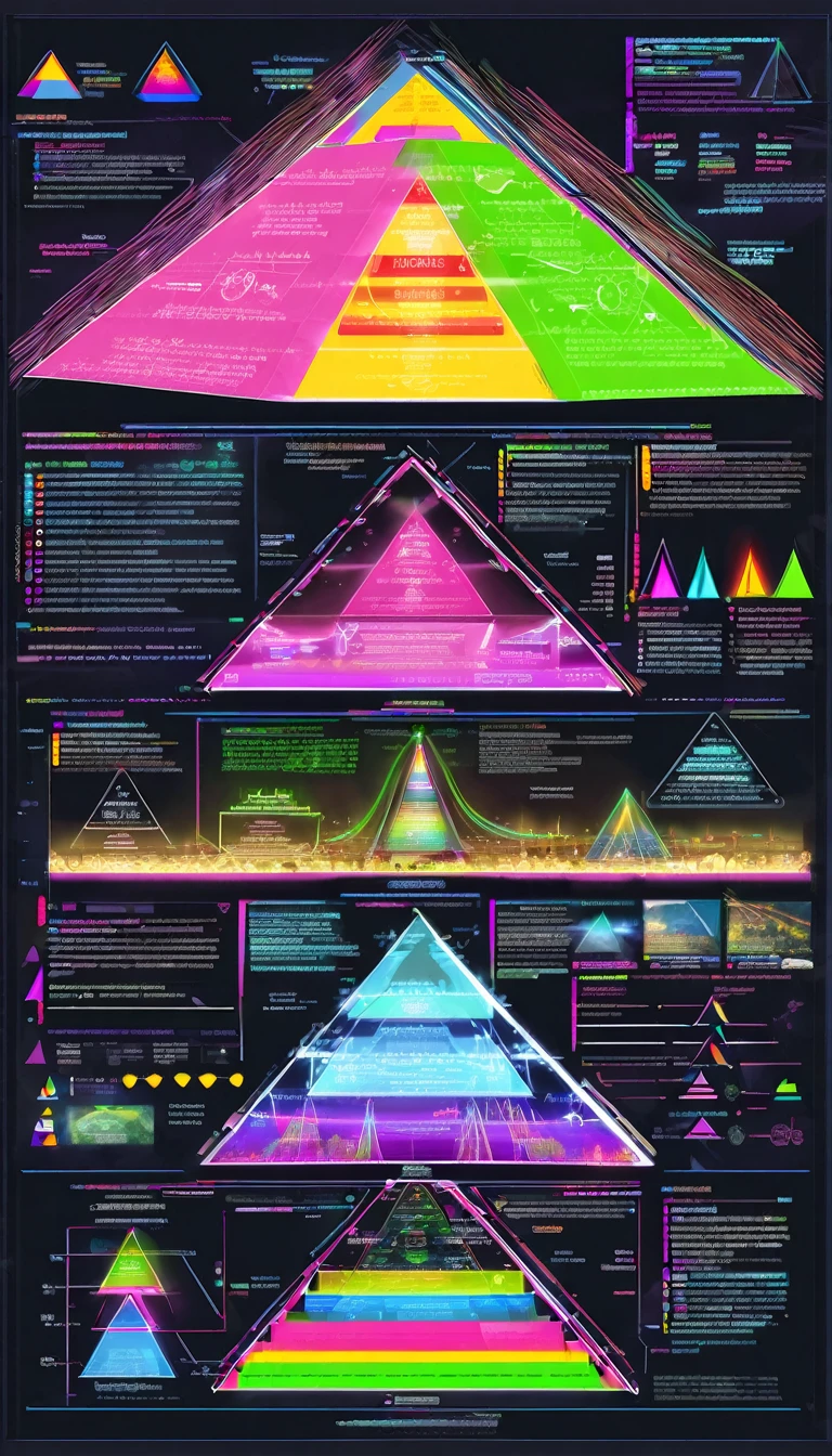 pyramid and its development diagram drawn with vivid and colorful laser beams, 