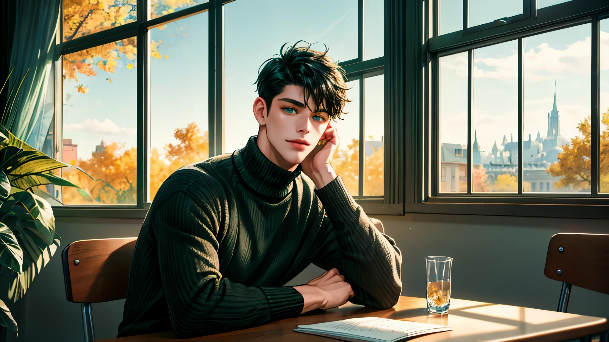 Handsome young man, black hair, badboy, short hair, blue eyes, ombros largos, masterpiece, Absurd, beautiful and detailed face, with dark green long sleeved sweater, Sunny daytime environment, sitting in a colorful classroom with glass windows where there is a view of trees during autumn, gentle smile