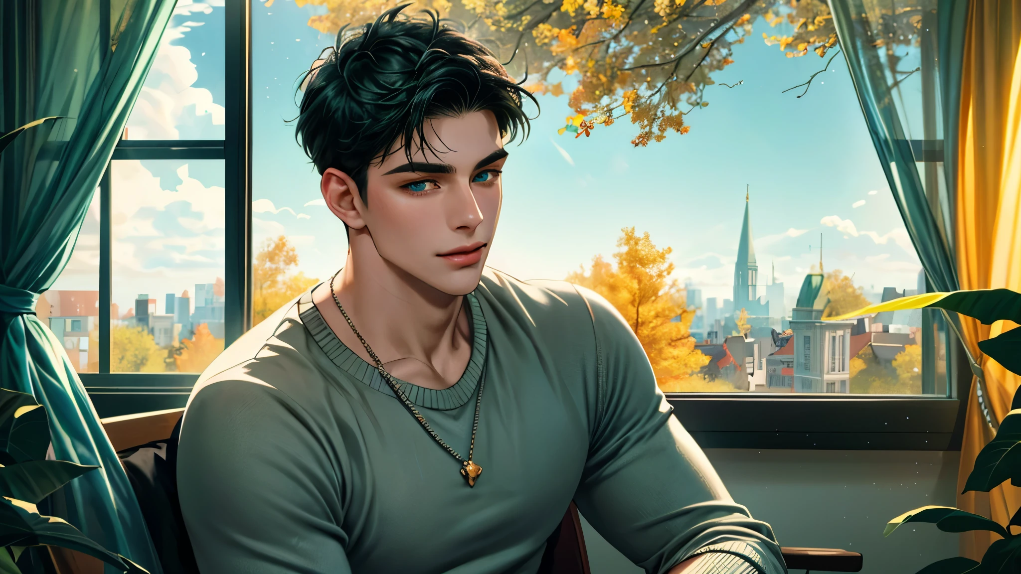 Handsome young man, black hair, badboy, short hair, blue eyes, ombros largos, masterpiece, Absurd, beautiful and detailed face, with dark green long sleeved sweater, Sunny daytime environment, sitting in a colorful classroom with glass windows where there is a view of trees during autumn, gentle smile