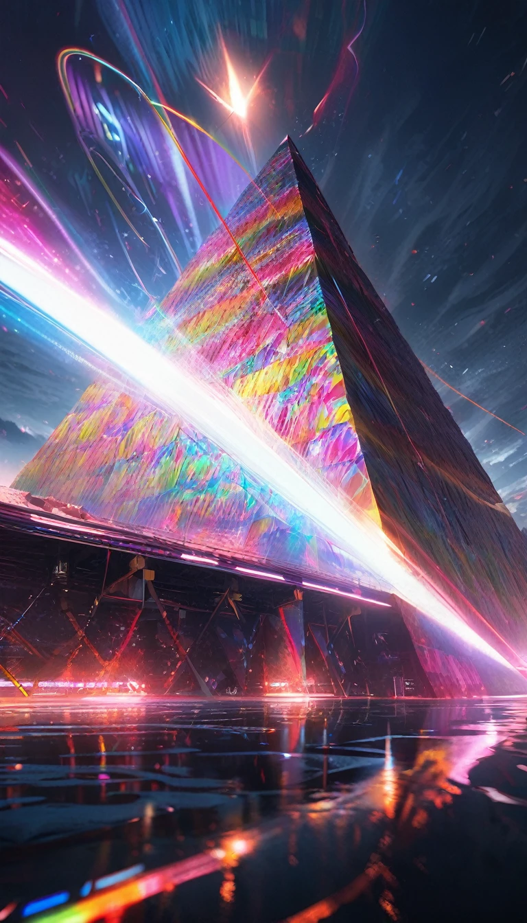 conceptual installation art, pyramid and its development diagram drawn with vivid and colorful laser beams, BREAK delicate and dynamic textures, contrasts of light and shadow, 2.5D, artistic photography, hyper realistic, digital graphic CG, BREAK ultra detailed, absolutely resolution, best quality