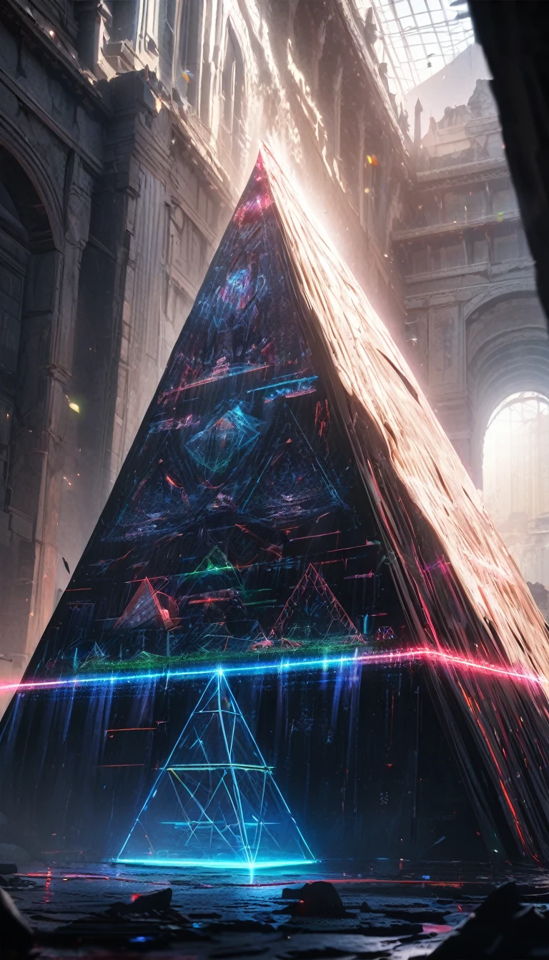 conceptual installation art, pyramid and its development diagram drawn with vivid and colorful laser beams, BREAK delicate and dynamic textures, contrasts of light and shadow, 2.5D, artistic photography, hyper realistic, digital graphic CG, BREAK ultra detailed, absolutely resolution, best quality