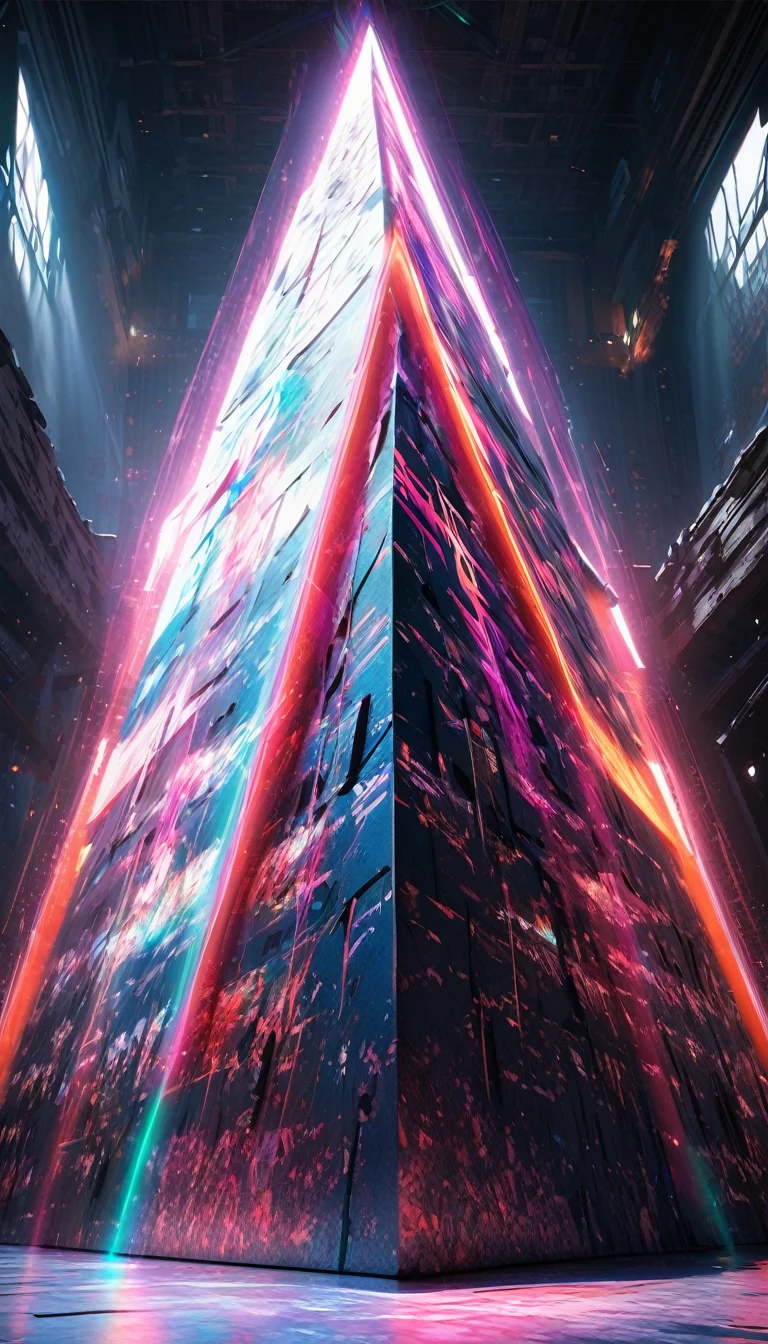 conceptual installation art, pyramid and its development diagram drawn with vivid and colorful laser beams, BREAK delicate and dynamic textures, contrasts of light and shadow, 2.5D, artistic photography, hyper realistic, digital graphic CG, BREAK ultra detailed, absolutely resolution, best quality