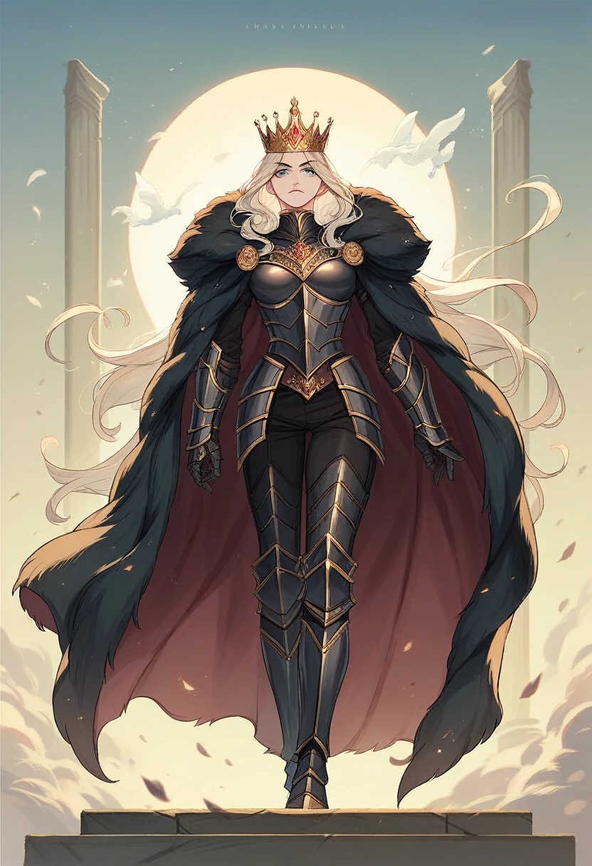 (masterpiece, superior quality, best quality, official art, beautiful and aesthetic: 1.2), (1girl), (warrior queen's armor, fur-lined cape, jeweled crown: 1.2), seriously, black armor --auto