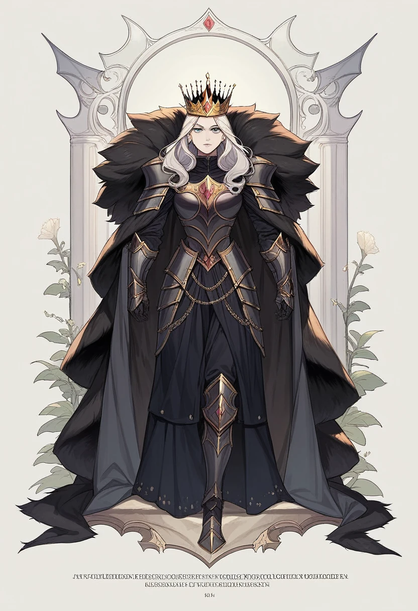 (masterpiece, superior quality, best quality, official art, beautiful and aesthetic: 1.2), (1girl), (warrior queen's armor, fur-lined cape, jeweled crown: 1.2), seriously, black armor --auto