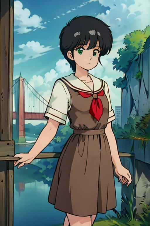 (masterpiece,up to date,Exceptional:1.2), anime,One girl,前hair,black_hair, Beautiful 8K Eyes,green_null,【bridge,building,city,city,cityscape,cloud,day,dress,Watching_in_Viewers,Outdoor,red_Neckwear,red_ribbon,ribbon,river,short_hair,short_sleeves,null,nullscraper,Alone,standing,town,winer