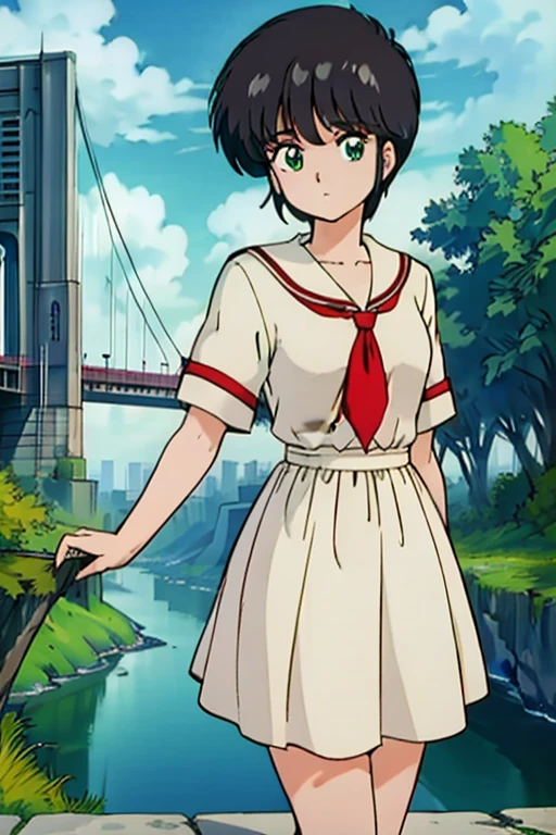 (masterpiece,up to date,Exceptional:1.2), anime,One girl,前hair,black_hair, Beautiful 8K Eyes,green_null,【bridge,building,city,city,cityscape,cloud,day,dress,Watching_in_Viewers,Outdoor,red_Neckwear,red_ribbon,ribbon,river,short_hair,short_sleeves,null,nullscraper,Alone,standing,town,winer