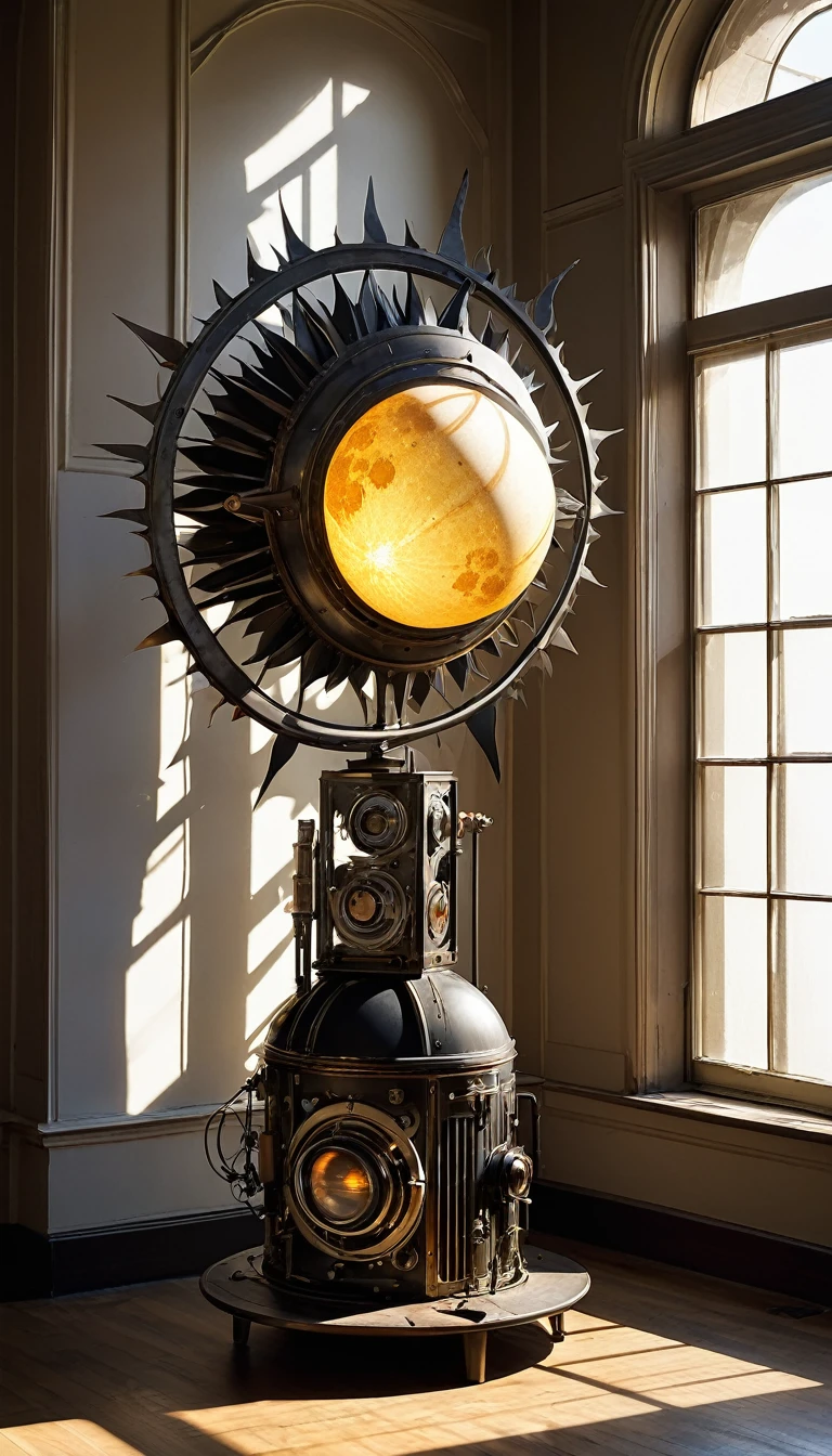 conceptual installation art, the sun rises and the moon sets, the moon rises and the sun sets, powered by an old retro mechanical device, BREAK delicate and dynamic textures, contrasts of light and shadow, 2.5D, artistic photography, hyper realistic, digital graphic CG, BREAK ultra detailed, absolutely resolution, best quality