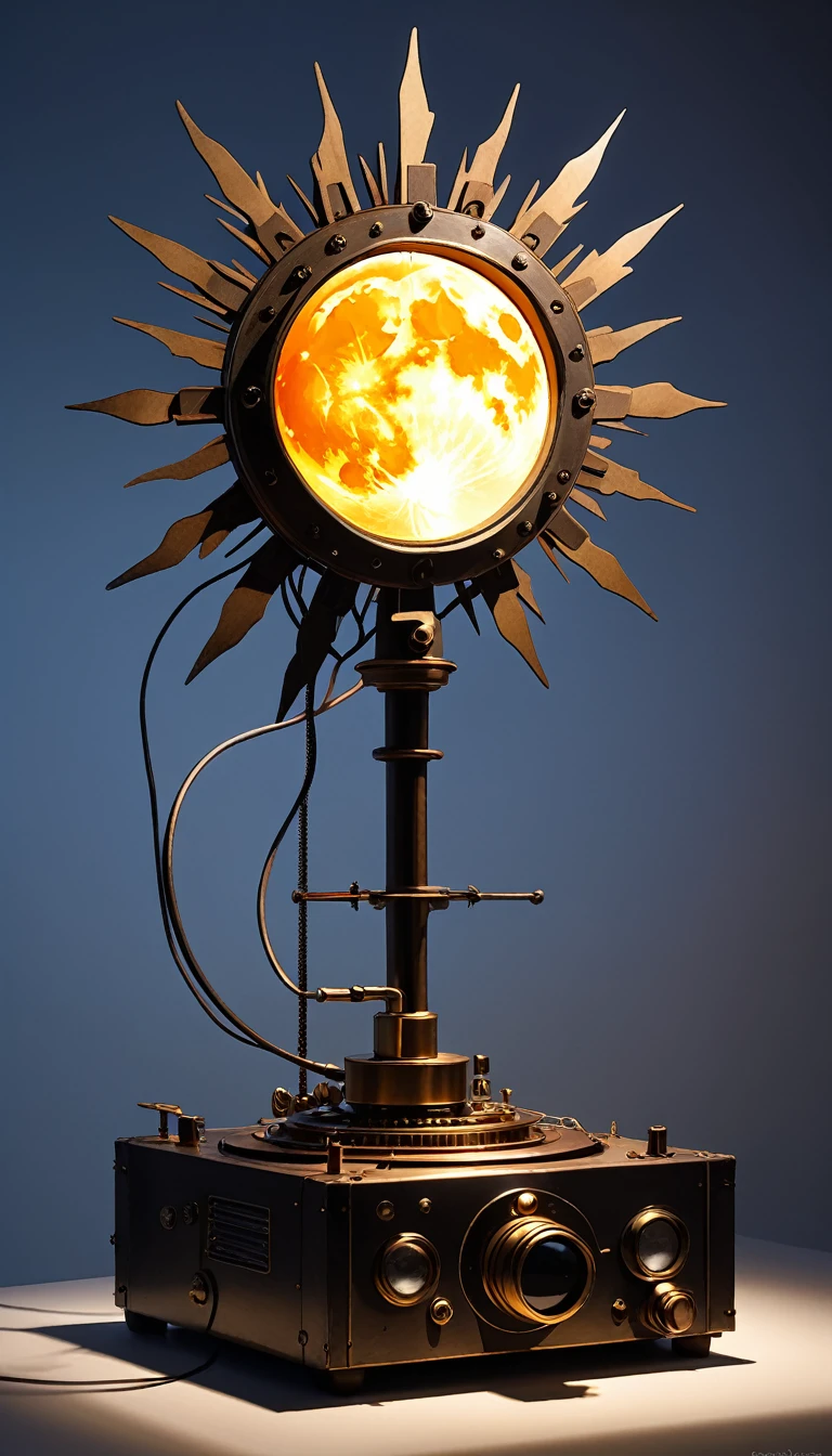 conceptual installation art, the sun rises and the moon sets, the moon rises and the sun sets, powered by an old retro mechanical device, BREAK delicate and dynamic textures, contrasts of light and shadow, 2.5D, artistic photography, hyper realistic, digital graphic CG, BREAK ultra detailed, absolutely resolution, best quality