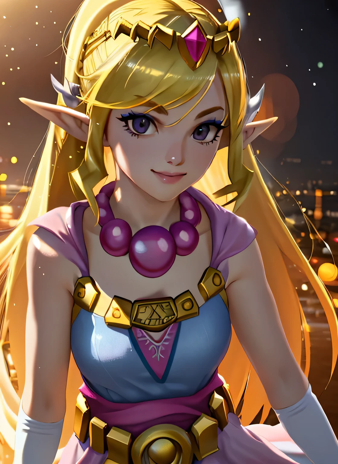 toon zelda, 1girl, solo, long hair, smile, blonde hair, gloves, dress, jewelry, pointy ears, elbow gloves, belt, necklace, black eyes, makeup, tiara, eyeshadow, pulling up elbow glove to arm
(best quality,4k,8k,highres,masterpiece:1.2),ultra-detailed,(realistic,photorealistic,photo-realistic:1.37),HDR,UHD,studio lighting,ultra-fine painting,sharp focus,physically-based rendering,extreme detail description,professional,vivid colors,bokeh,portraits,colorful,soft lighting