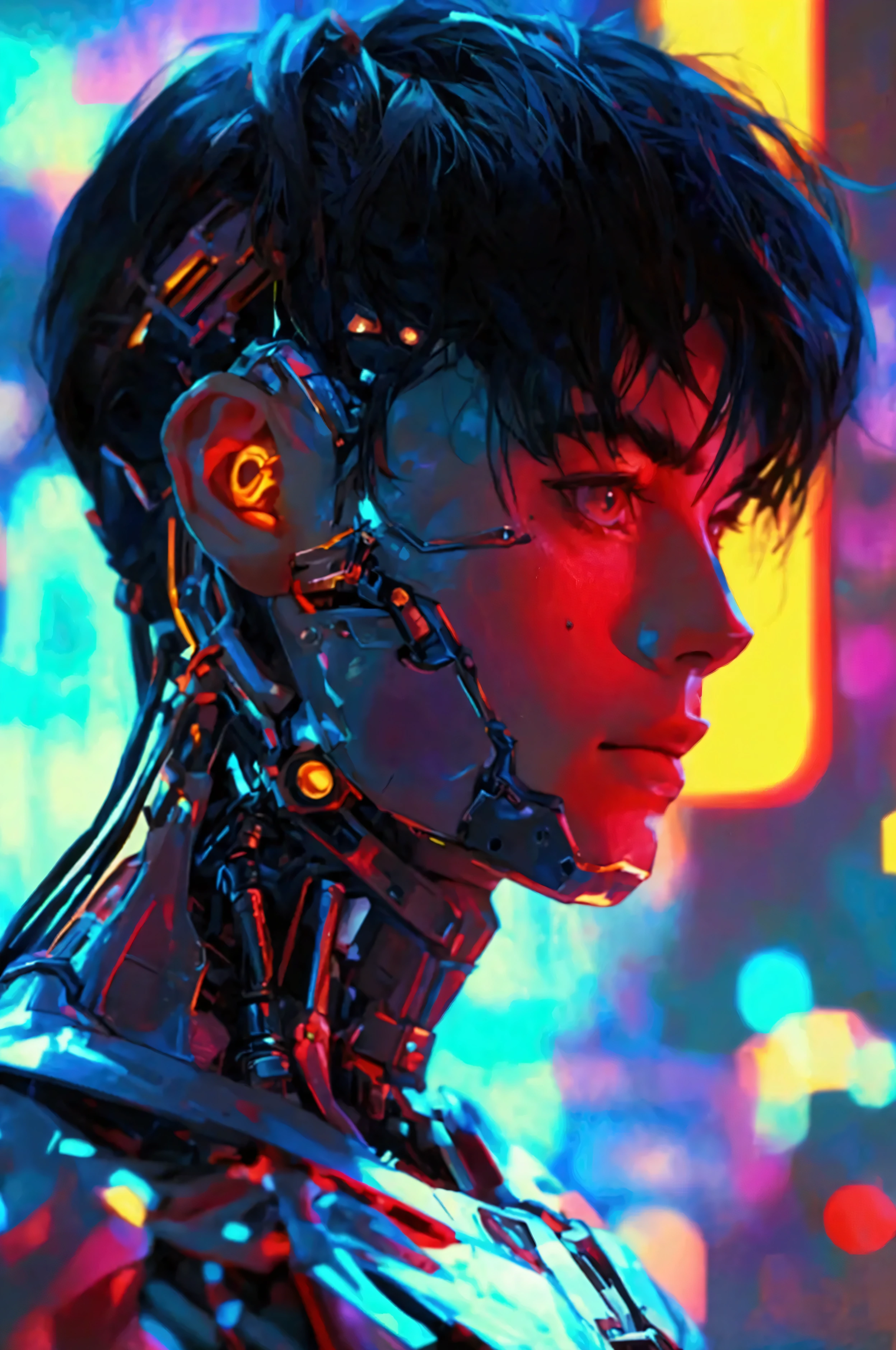 Cyberpunk looking, young male dark hairded android, with cybpernetic parts visible.
Regal lookign, powerful, beautiful.
He is in a rooftop of a sky scraper, a futuristic night city skyline is in the background.
Anime beautiful aesthtics, HD, 4K, high contrast, vibrant.