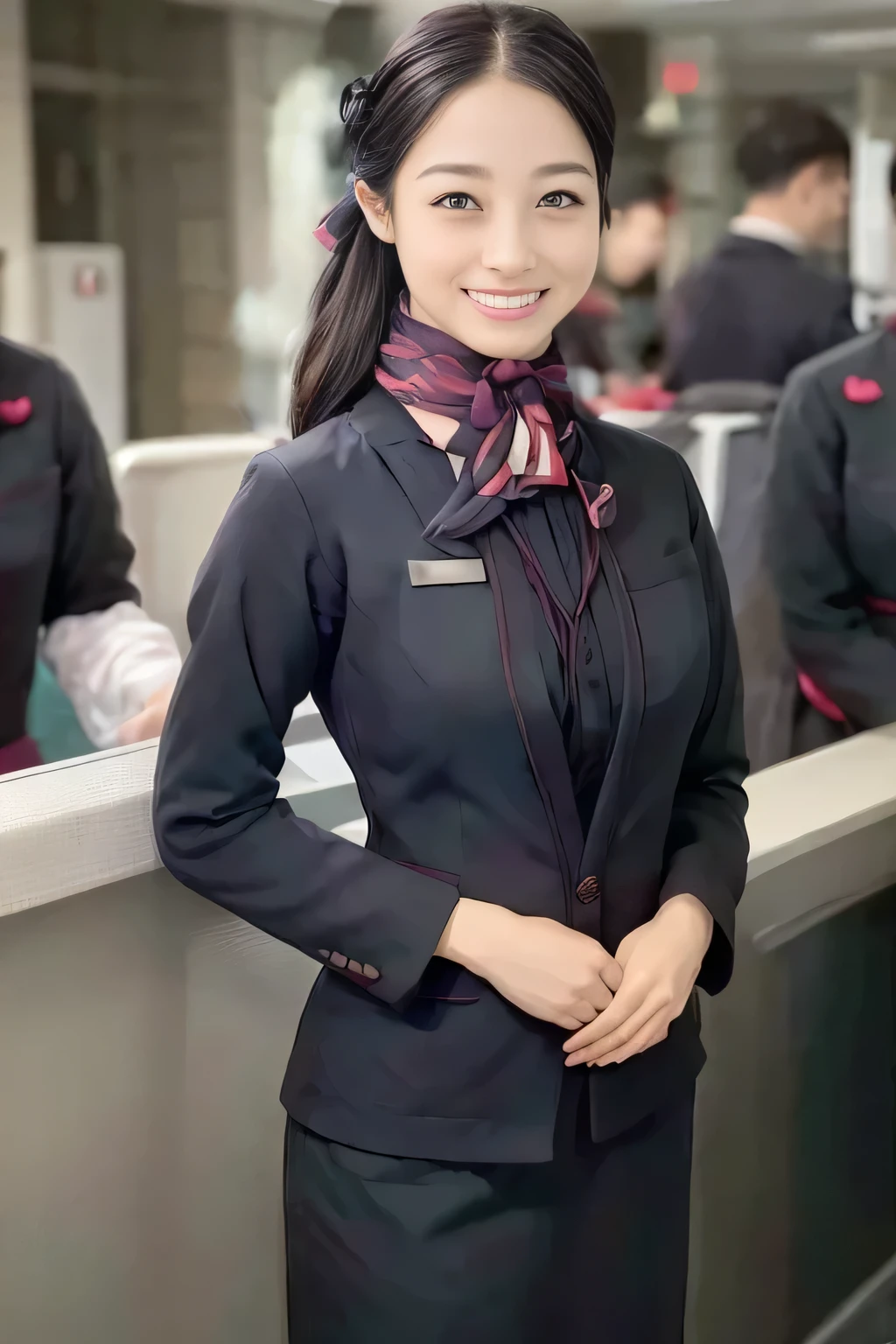 (masterpiece:1.2, Best Quality:1.2), 32K HDR, High resolution, (Alone、1 girl)、(JAL cabin crew uniform realistic style)、 (At the airport counter, Professional Lighting)、A proper woman, Beautiful Face,、(黒のJAL cabincrew uniform)、(Long sleeve JAL cabin crew uniform)、(Scarf around the neck)、Big Breasts、(Long hair upstyle、bread)、Dark Brown Hair、Long Hit、((:2.0))、((A harmonious body shape:1.5))、((Normal limbs:2.0))、((Normal finger:2.0))、((Delicate eyes:2.0))、((Normal eyes:2.0)))、Beautiful position、smile、Hands clasped underneath