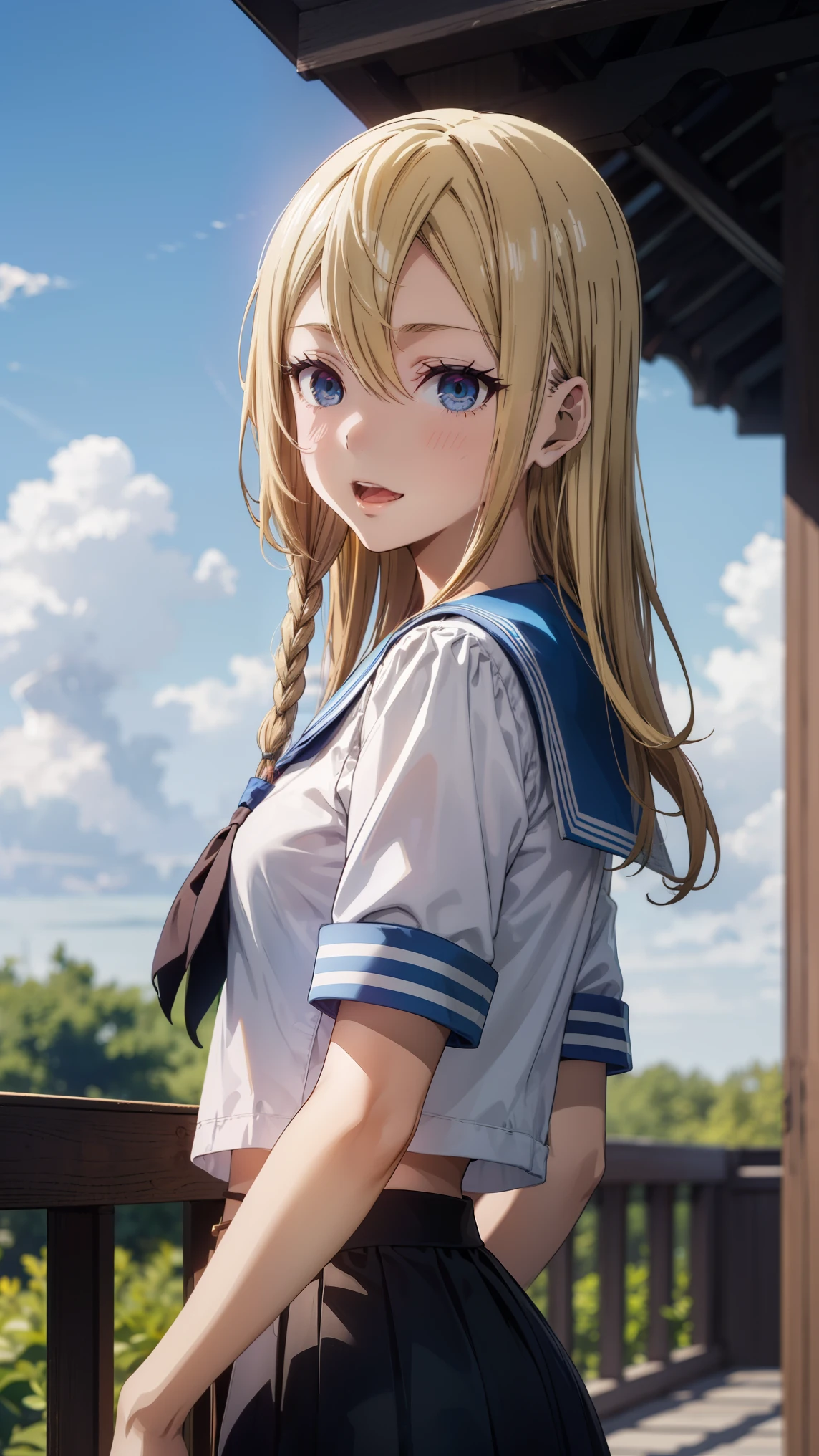 ((Master Quality、8k、masterpiece:1.3、Super detailed、High resolution、Blur、((anime、anime塗り、RAW Photos、Symmetrical eyes、Detailed eyes、Eye Light、Eye highlights))、HDR))、1girl, Alone, smile, open mouth, light blush, blonde hair, blue eyes, long hair, single braid, serafuku, sailor collar, dark blue skirt, standing, looking at the viewer,anime_Color_outdoors、((Bright light blue sailor collar)) Random Pause