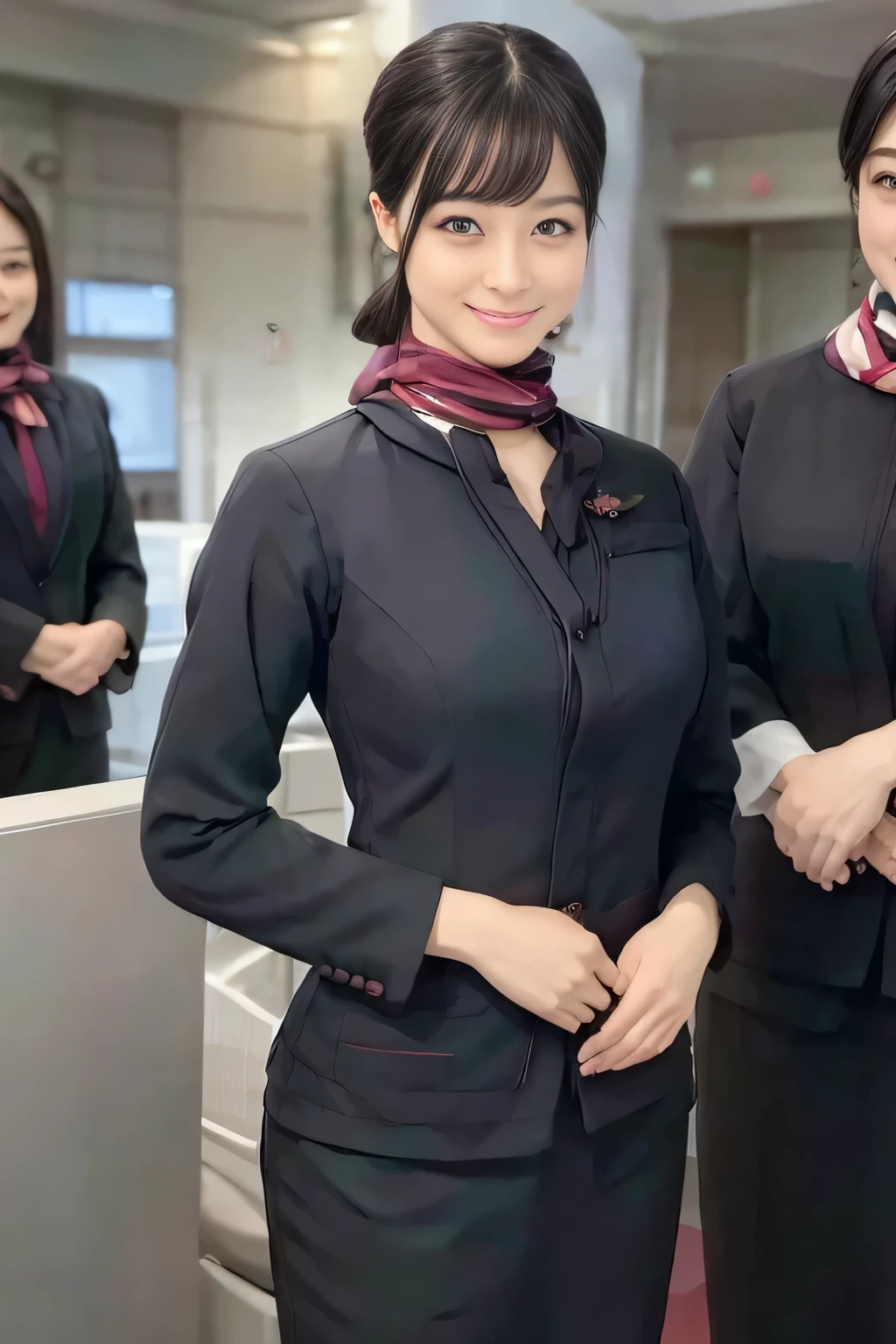 (masterpiece:1.2, Best Quality:1.2), 32K HDR, High resolution, (Alone、1 girl)、（JAL cabin crew uniform realistic style）、 (At the airport counter, Professional Lighting)、A proper woman, Beautiful Face,、（黒のJAL cabincrew uniform）、（Long sleeve JAL cabin crew uniform）、（Scarf around the neck）、Big Breasts、（Long hair upstyle、bread）、Dark Brown Hair、Long Hit、（（：2.0））、（（A harmonious body shape：1.5））、（（Normal limbs：2.0））、（（Normal finger：2.0））、（（Delicate eyes：2.0））、（（Normal eyes：2.0））)、Beautiful position、smile、Hands clasped underneath