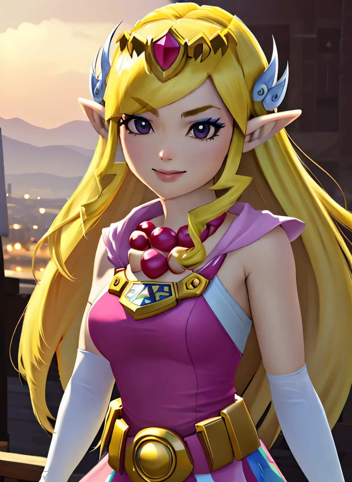 Chibi++, toon zelda, 1girl, solo, long hair, smile, blonde hair, gloves, dress, jewelry, pointy ears, elbow gloves, belt, necklace, black eyes, makeup, tiara, eyeshadow, pulling up elbow glove to arm
(best quality,4k,8k,highres,masterpiece:1.2),ultra-detailed,(realistic,photorealistic,photo-realistic:1.37),HDR,UHD,studio lighting,ultra-fine painting,sharp focus,physically-based rendering,extreme detail description,professional,vivid colors,bokeh,portraits,colorful,soft lighting