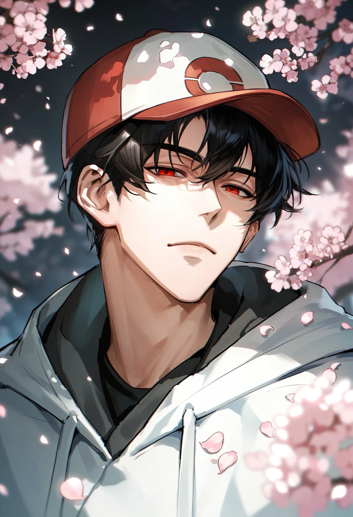 muksal,1boy,red eyes,black hair,black Pokémon cap,closed mouth,expressive eyes,looking at viewer,cherry blossom petals,solo,bangs,handsome,black Pokémon hoodie, score_9,score_8_up,score_7_up,source_anime, ((holding a Pokémon))