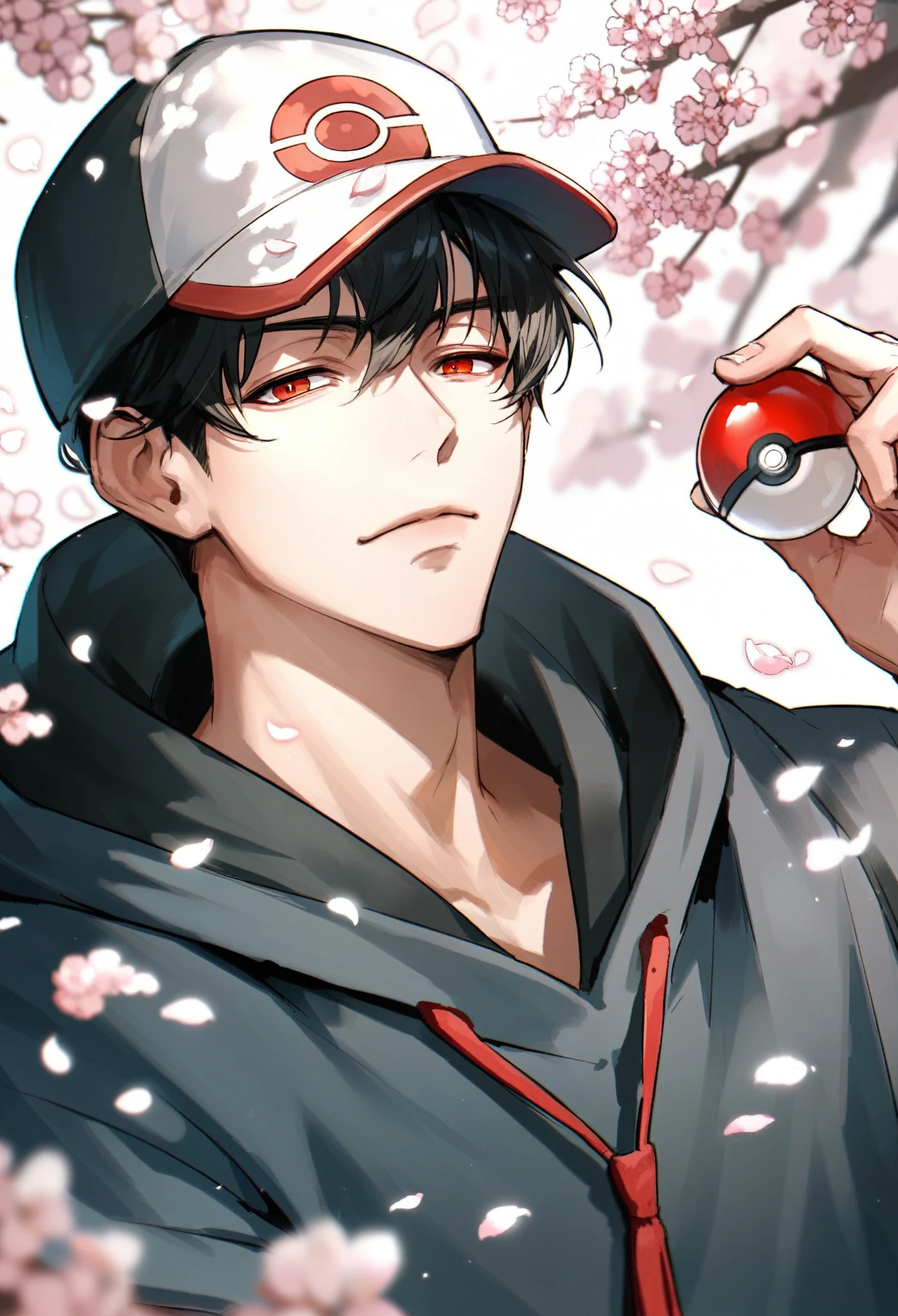 muksal,1boy,red eyes,black hair,black Pokémon cap,closed mouth,expressive eyes,looking at viewer,cherry blossom petals,solo,bangs,handsome,black Pokémon hoodie, score_9,score_8_up,score_7_up,source_anime, ((holding a Pokémon))