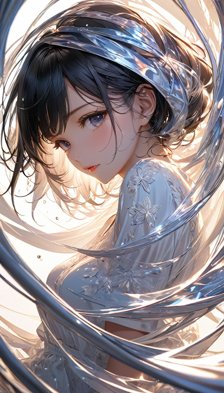 There is a woman in a white dress in the water, guweiz, Anime girl cosplay, cosplay of a catboy! maid! Dress, Lori, hanayamata, guweiz on pixiv artstation, artwork in the style of guweiz, Rin, sakimichan, Anime style mixed with Fujifilm