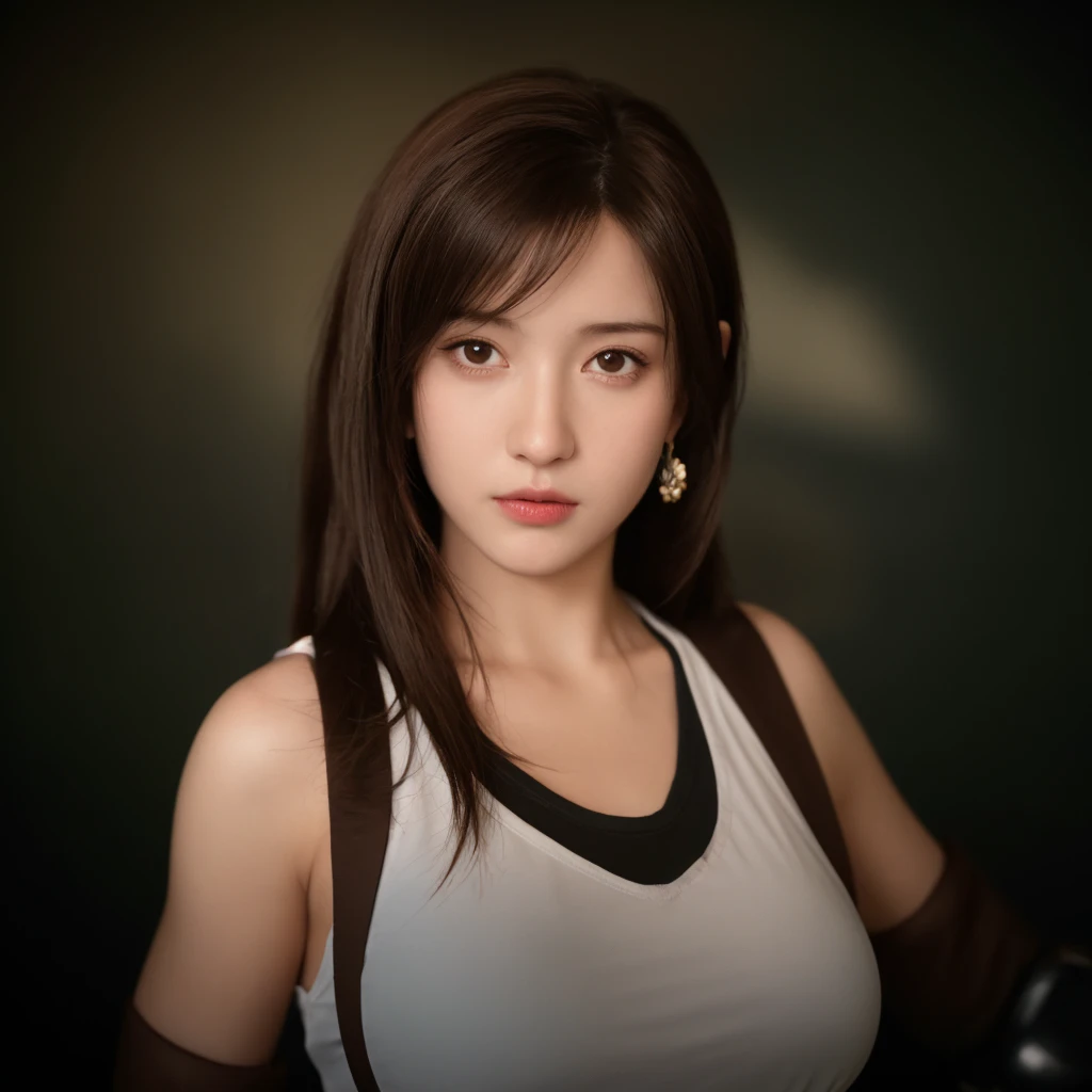 girl with, bangss, hair between eye, tiny chest, length hair, Look at viewers, cparted lips, black eyes, Background in the city, Less revealing clothing、unclear,(shinny skin),(masterpiece:1.4),(top-quality:1.4),red-lips